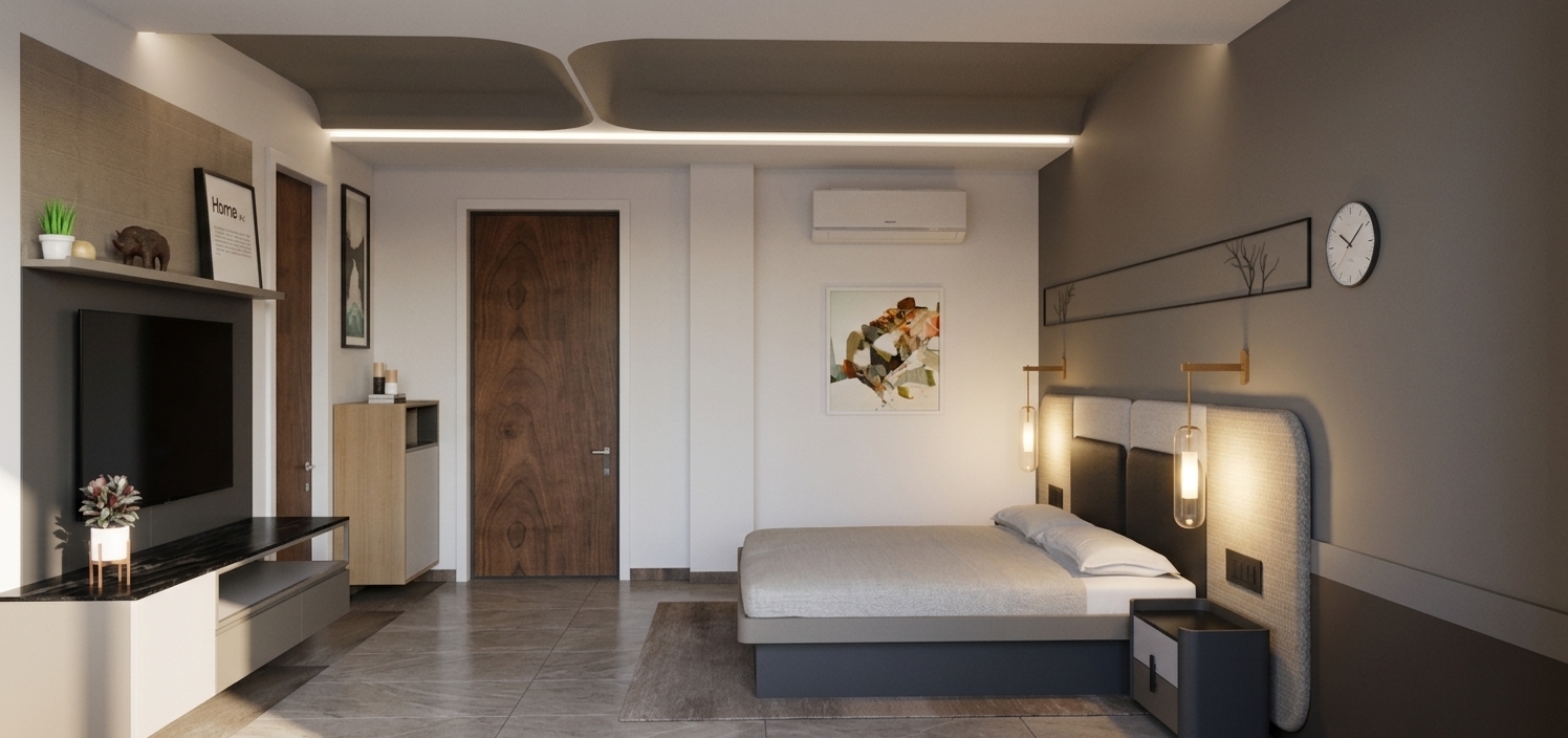 An architectural interior photograph of the modern bedroom precisely maintaining the original geometry, composition, and perspective. The perimeter walls and main ceiling are finished in smooth matte white, while the sculpted central ceiling recess displays a subtle pastel light cream hue, accentuated by hidden, warm LED cove lighting. The wall-mounted bedside lamps emit a soft, functional glow that brings out the tactile fabric texture of the segmented headboard and neatly made bed linens. Authentic textures are rendered across the rich, dark wood grain door, the smooth TV console, and the original tiled floor pattern, with natural contact shadows, gentle ambient illumination, and crisp photographic clarity throughout.