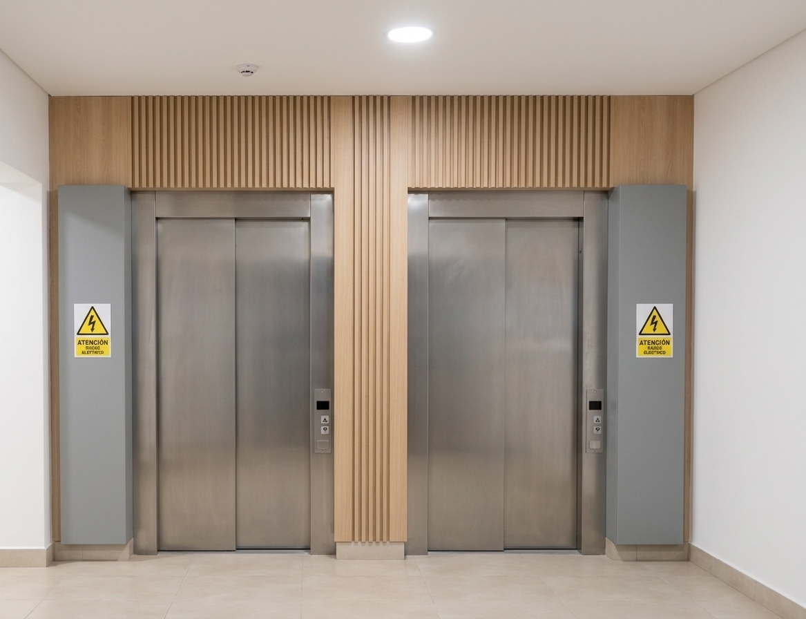 A professional architectural photograph of the elevator lobby, preserving the exact geometry, perspective, and composition of the original scene. The walls and ceiling are finished in smooth, clean matte white, while the floor and matching baseboards feature 60x60 cm semi-matte light beige porcelain tiles with subtle, fine grout lines. Brushed light wood slatted panels and smooth matching melamine surround the elevator frames, contrasting naturally with the two suspended, matte light-gray aluminum electrical panels bearing yellow hazard warning stickers. The elevator doors and frames are rendered in authentic brushed stainless steel with realistic metallic reflections and subtle call button backlighting. Illumination comes from the recessed circular ceiling downlight, casting soft downcast ambient light and gentle shadows, complemented by faint ambient bounce. The shot features realistic interior architectural lighting, sharp depth of field, subtle surface micro-textures, and fine camera sensor grain.