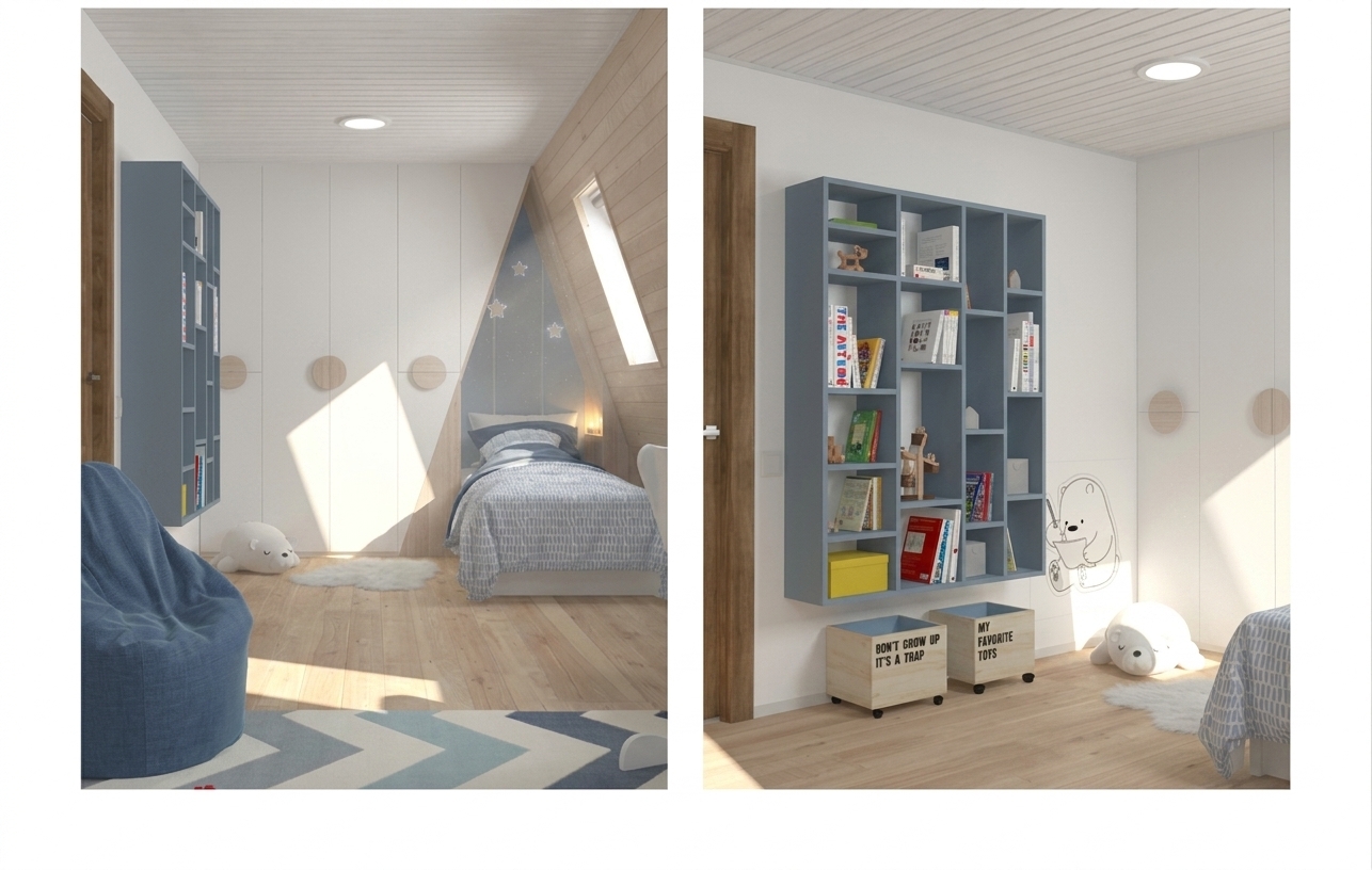A crisp photograph of the identical attic children's room, illuminated by intense, natural midday summer sunlight pouring through the angled skylight. Bright sunlit patches and sharp, realistic shadows wash across the pale oak floors and paneled walls, balanced by soft, warm interior fill light. Surfaces feature authentic micro-textures, including natural wood grain, matte cabinet finishes, and tactile fabric weaves on the blue bedding and beanbag. Shot on a wide-angle lens with natural color balance, subtle lens flare, and delicate grain, rendering the space with genuine photographic realism.