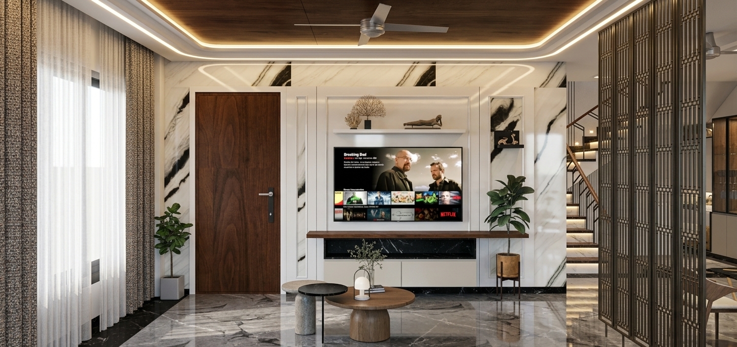 An eye-level architectural photograph of the living room, captured with a 35mm lens showing polished white Statuario marble flooring accented by a sleek black Italian marble border on the right and crisp black skirting. The walls and TV backdrop retain their pure white surfaces, elevated by warm, concealed LED strip lighting subtly glowing within the TV unit's display niche and floating console. Diffuse daytime light filters through the sheer side curtains, balancing the warm ambient glow from the dark wood recessed ceiling. Realistic material textures—glossy stone reflections, organic wood grain on the door, and precise shadow play—render the entire existing layout into a clean, photorealistic interior photograph.