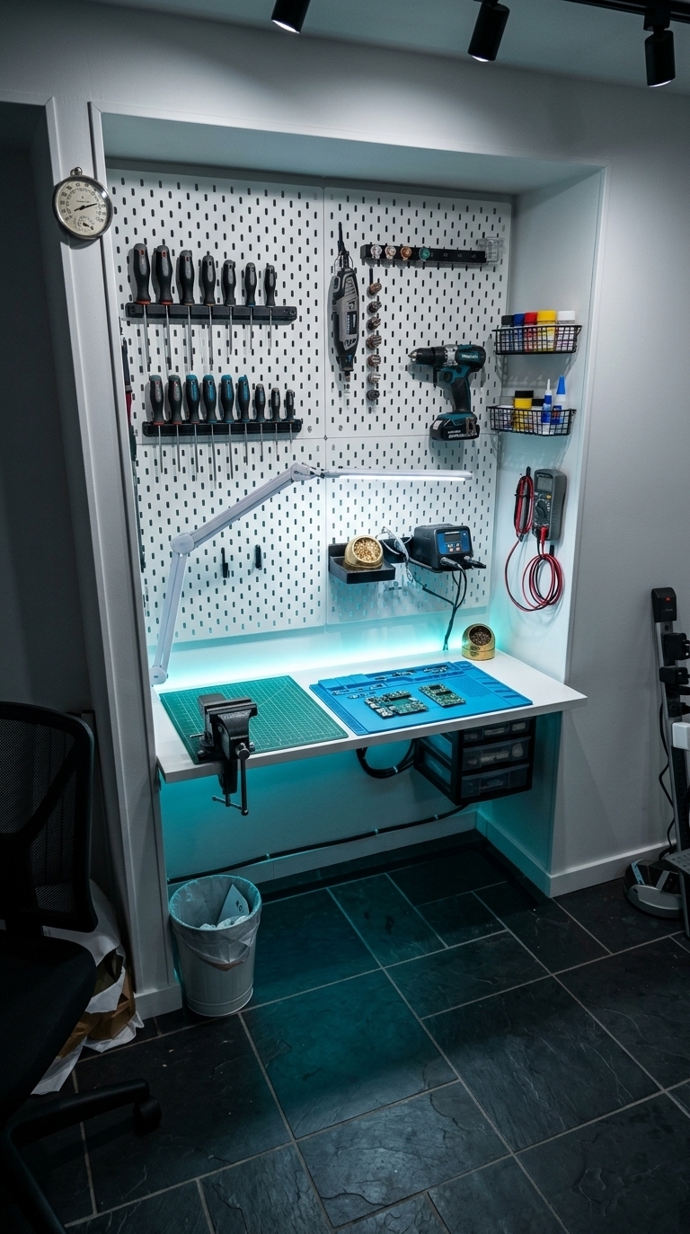An incredibly lifelike, richly detailed, photorealistic eye-level medium shot of a high-tech electronics workshop and maker nook set in a contemporary bedroom converted into an organized techno wonderland. The scene is illuminated by focused overhead black track spotlights combined with the cool, adjustable beam of an articulated LED desk lamp and soft, glowing cyan under-shelf ambient lighting, creating an inspiring, ultra-focused, and innovative maker atmosphere. Captured with a professional 35mm f/2.8 lens, emphasizing the contrasting textures of matte silicone, industrial metals, finely etched measurement grids, and clean painted surfaces, the formerly bare alcove is transformed into a state-of-the-art repair station. The recessed back wall is fully lined with a crisp white steel pegboard fitted with modular black hooks and magnetic strips holding a comprehensive collection of ergonomic screwdrivers organized by size, a hanging high-speed rotary tool with assorted bit attachments, a battery-powered cordless drill, a digital soldering station with a smoking brass wire tip cleaner, and a digital multimeter with coiled red and black test leads, accompanied by miniature wire baskets neatly stocking vibrant jars of model paint, fluxes, and precision adhesive tubes. Mounted firmly to the edge of the smooth white floating countertop is a heavy-duty mini bench vise, flanked by an iconic green self-healing grid cutting mat and an anti-static magnetic blue silicone electronics repair mat featuring organized compartments of micro-screws and disassembled PCB circuit boards, while beneath the desk, sleek cable management, a compact component storage drawer unit, and dark slate floor tiles complete this brilliantly organized, compact electronics sanctuary.
