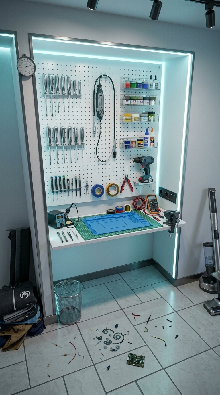 An incredibly lifelike, richly detailed, photorealistic medium shot of a cyber-eclectic electronics maker workstation set in a high-tech bedroom alcove. The scene is illuminated by integrated perimeter cool-white and subtle icy-cyan LED strip lighting recessed along the inner frame of the cubicle, accented by focused overhead track lights and the gentle ambient glow of digital displays, creating an inspiring, focused, and futuristic atmosphere. Captured with a 35mm prime lens at f/4, emphasizing the crisp perforations of the board, the tactile silicone mats, fine metallic tools, and polished surfaces. The recessed niche has been transformed into an impeccably organized hacker-craft station featuring a clean white steel pegboard that stops elegantly short of the ceiling, adorned with an array of precision chrome screwdrivers systematically arranged by size, a sleek Dremel-style rotary tool with hanging flex-shaft, a compact cordless driver in its dock, and clear acrylic organizer bins holding colorful paint pots, fluxes, and industrial adhesives. The sturdy white desktop is configured for high-level tinkering, anchored by a heavy-duty green grid self-healing cutting mat overlapping a magnetic heat-resistant blue silicone electronics soldering pad with segmented screw compartments; mounted to the rim sits a miniature cast-iron bench vise with polished guide rods, while an active digital soldering iron station, a high-contrast multimeter with neatly coiled probes, spools of colored electrical tape, Kapton tape, wire cutters, tweezers, and technical drafting pens round out the dense, functional array of supplies. Built-in black industrial power outlets with illuminated switches sit flush along the side wall, while below the desk, clean cable management and a brushed metallic storage bin seamlessly replace clutter, synthesizing utilitarian workshop practicality with a chic, cyberpunk-inspired designer aesthetic.