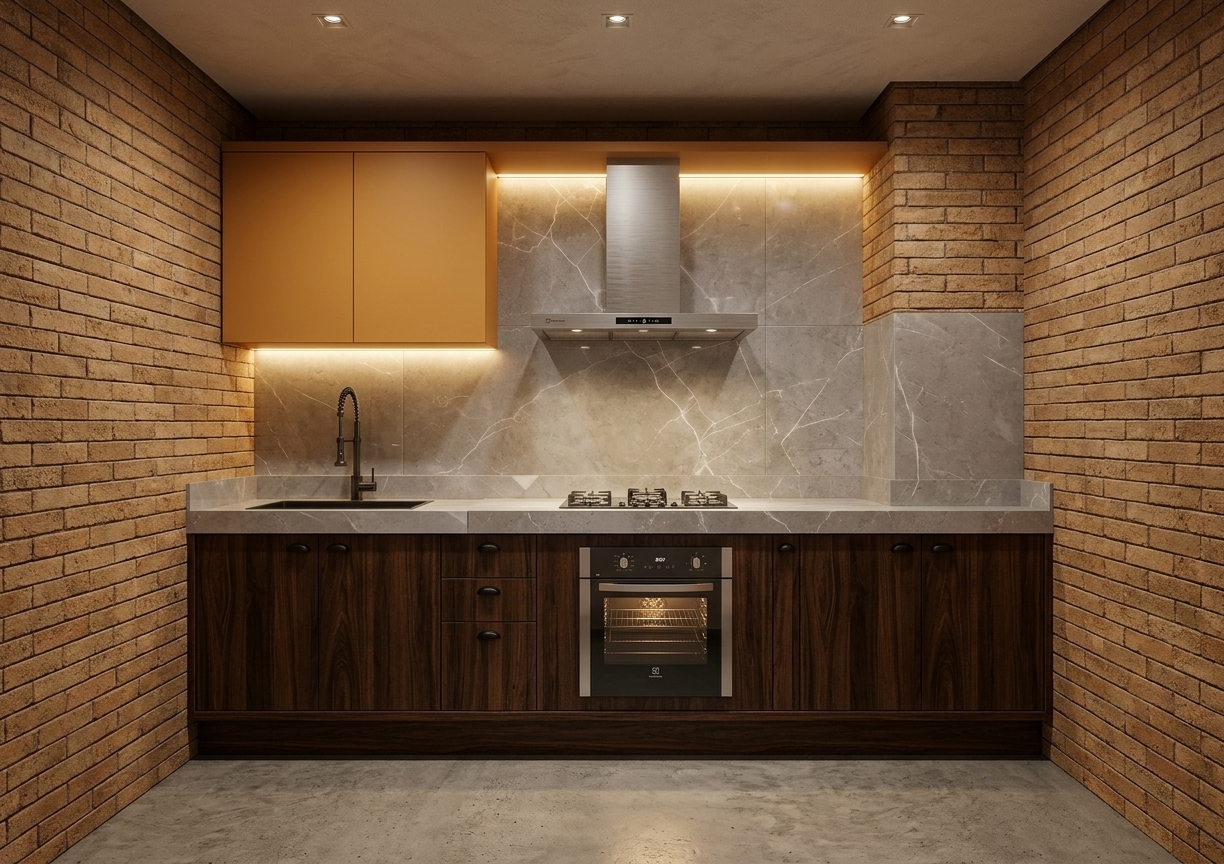 A straight-on architectural night photograph capturing the exact kitchen niche layout and elevation framing. The scene is lit by warm, low-key task lighting beneath the cabinet and stainless steel range hood, casting soft directional glows over the polished, veined grey porcelain backsplash and matching countertop. The dark wood lower cabinetry and honey-toned upper unit reveal natural matte textures under gentle shadows, while the built-in oven glass and brushed steel surfaces display realistic, subtle ambient reflections. Captured with clean architectural symmetry, deep low-light contrast, faint sensor grain, and subtle natural vignetting.