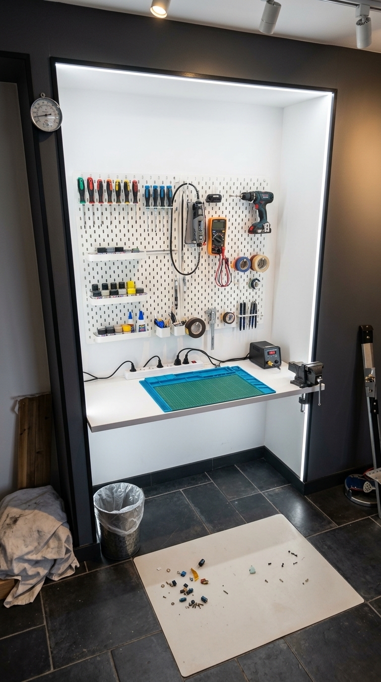An incredibly lifelike, richly detailed, photorealistic eye-level interior shot of a compact cyber-eclectic maker workstation and electronics workbench set in an urban tech-inspired studio bedroom. The scene is illuminated by clean, concealed LED strip lighting outlining the inner edges of the niche and warm overhead directional track lights, creating an energized, hyper-focused, and creative maker-space atmosphere. Captured with a 24mm wide-angle lens, emphasizing the matte contrast between the original charcoal floor tiles, pristine white alcove walls with sharp black edge profiling, and the meticulous metallic textures of workshop gear. Mounted flush against the central recess wall and stopping just short of the ceiling sits an expansive white modular pegboard, densely outfitted with precision and heavy-duty screwdrivers, a suspended rotary tool with a flexible shaft, a compact cordless drill-driver, a digital multimeter with neatly draped leads, a digital temperature-controlled soldering station, and hanging caddies loaded with model paints, industrial glues, rolls of electrical and Kapton tape, calipers, and drafting pens. The sturdy white counter beneath is transformed into a high-productivity surface, featuring a heavy-duty mini bench vise clamped securely to the edge, an emerald-green gridded self-healing cutting mat, and an anti-static heat-resistant blue silicone electronics repair tray segmented with magnetic screw trays, alongside a neatly wired multi-plug outlet strip providing power to the glowing diagnostic gear.