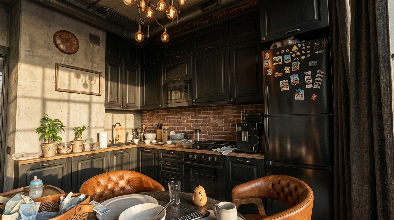 An incredibly lifelike, richly detailed, photorealistic wide-angle interior shot of a transformed industrial loft kitchen and adjoining lounge set in a spacious, converted urban warehouse. The scene is illuminated by warm late-afternoon sunlight streaming through towering steel-framed Crittall windows paired with amber filament pendant lighting, creating a moody, sophisticated, and rugged atmosphere. Captured with a full-frame 24mm lens at f/4, emphasizing the raw tactile surfaces of polished concrete flooring, exposed iron ductwork and weathered wooden ceiling beams overhead, and an authentic red-brick feature wall. The kitchen layout is entirely reimagined with matte-black and wire-brushed charcoal cabinetry, seamlessly integrated high-end black appliances, thick reclaimed oak countertops, and blackened-steel open shelving. Dominating the brick accent wall is an oversized, vintage-patina iron wall clock with rust-toned accents, anchoring the architectural space. Just beyond the metal-framed kitchen island, the open-plan dining and living zone features a rich, worn-caramel vintage leather Chesterfield sofa and an industrial blackened-iron coffee table displaying an open art photography book, effortlessly marrying raw urban edge with practical luxury.