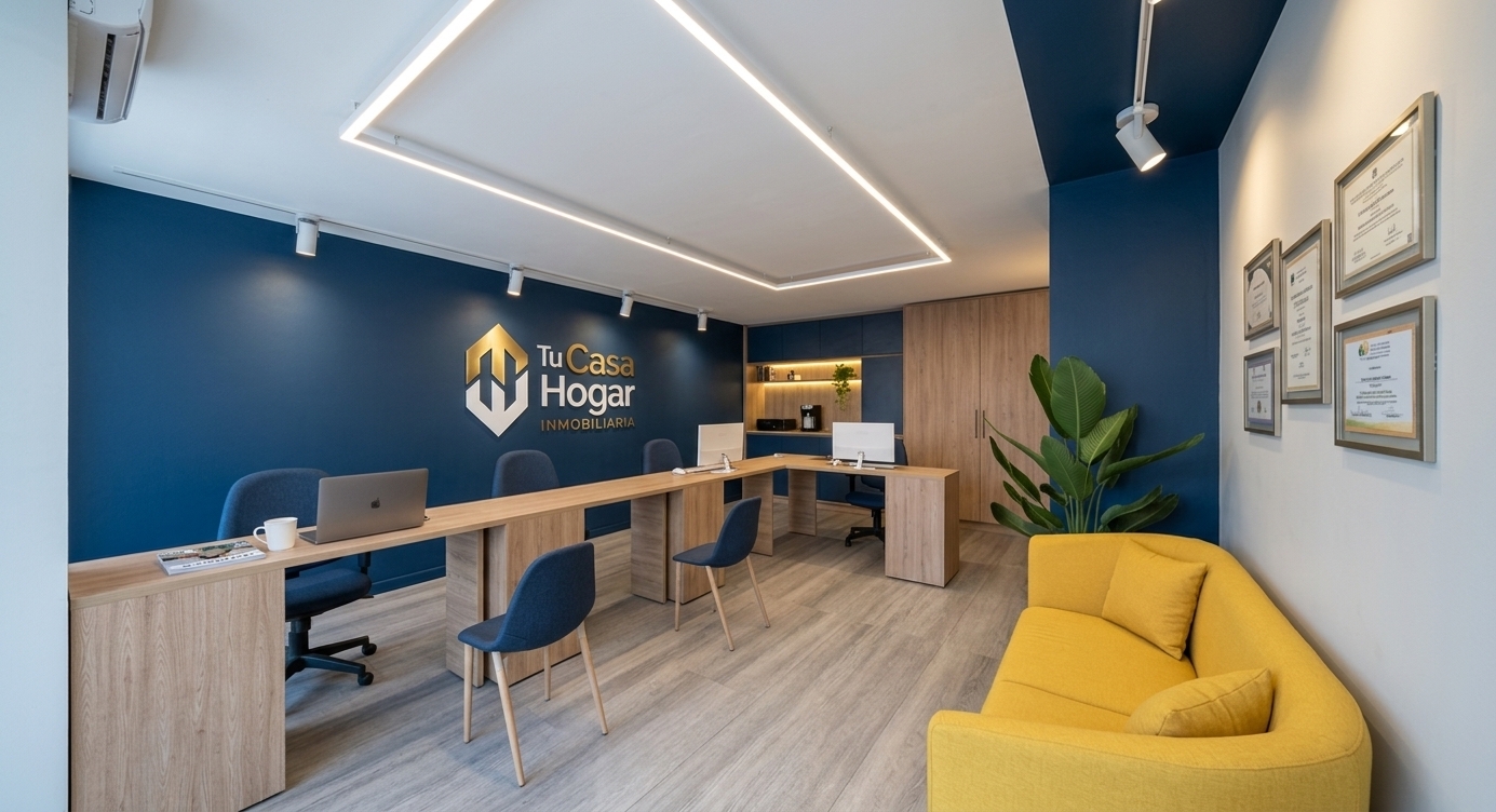 A crisp eye-level interior photograph of the modern real estate office during a bright spring midday, captured with a wide-angle architectural lens. Clear, balanced daylight mixes with warm 3500K interior illumination from the geometric ceiling fixture and spotlights, casting soft, natural contact shadows across the light wood laminate flooring and desks. The navy accent wall reveals a subtle matte paint texture behind the cleanly mounted company logo, while the yellow sofa shows delicate woven fabric weave and soft creasing. Computer monitors and framed certificates display gentle environmental reflections and specular highlights, complemented by the waxy sheen of the potted plant leaves and faint surface micro-textures throughout, yielding clean, photorealistic commercial architectural photography.