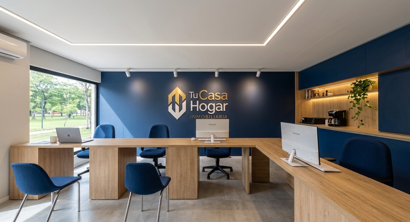 A photorealistic architectural photograph of the modern office space captured during a bright spring midday, maintaining the exact layout, geometry, and composition. Natural daylight pours in through the large left window, casting soft ambient illumination and authentic directional shadows across the light oak desks and tiled flooring. The deep navy blue wall features a realistic matte eggshell finish accented by warm glow from the recessed ceiling cove and spotlight fixtures highlighting the company logo. Materials are rendered with true-to-life physics, showing natural wood grain textures, subtle fabric weaves on the blue chairs, realistic screen glass reflections, and crisp, balanced exposure across the interior.