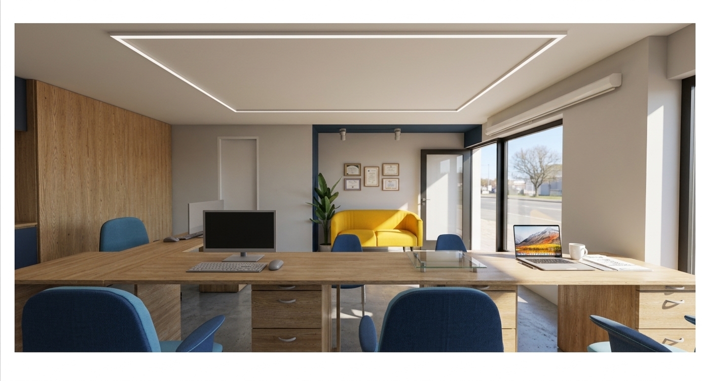 A wide-angle interior photograph of the office space illuminated by clear, bright midday spring daylight streaming through the right glass doors, balanced with soft neutral overhead light from the rectangular ceiling fixture. The light oak desks exhibit natural wood grain and subtle satin reflections under the monitors and office accessories. Authentic surface textures are visible on the blue office chairs, the vibrant yellow fabric sofa, and the waxy foliage of the potted plant, with natural ambient occlusion, soft contact shadows on the floor, and clean architectural lines captured in balanced daylight exposure.