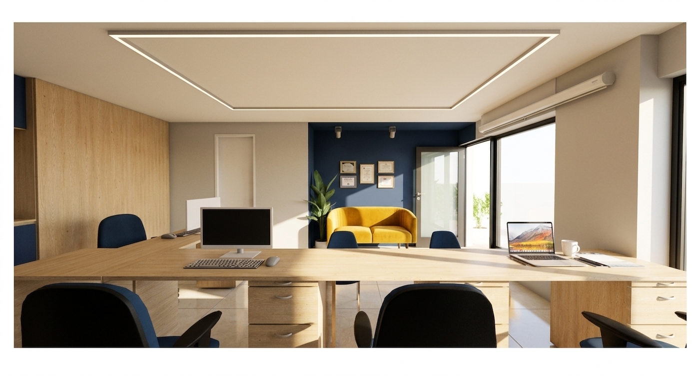 A realistic architectural photograph captured with a wide-angle interior lens, strictly preserving the exact geometry, furniture placement, and materials of the modern office. Clear, bright midday spring sunlight pours in through the glass door on the right, casting soft natural gradients and crisp ambient illumination across the light oak workstations, tiled flooring, and navy accent walls. The recessed rectangular ceiling LED provides a soft, neutral fill light, revealing natural wood grain textures, subtle reflections on the computer monitors, and the rich matte fabric of the yellow settee and office chairs, rendered with natural camera sensor depth, fine contrast, and gentle photographic grain.