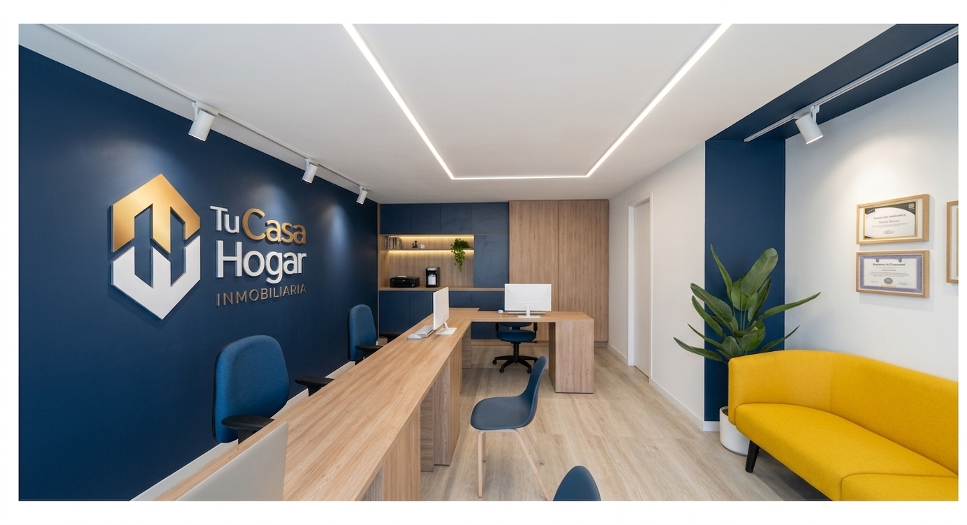 A crisp architectural photograph of the modern real estate office captured on an ultra-wide interior lens during a bright spring midday, perfectly retaining the exact layout, geometry, and composition of the space. Natural, bright daylight softly fills the room, balancing with the clean 4000K illumination from the recessed ceiling light strips and directional track spotlights that cast subtle, soft-edged shadows across the matte navy blue accent wall. Surfaces exhibit genuine physical realism: authentic wood grain texture with satin reflections on the reception desks and cabinetry, delicate metallic sheen on the raised wall logo, realistic fabric weave on the vivid yellow sofa, and subtle surface sheen on the light wood-grain flooring. Micro-details include subtle reflections on the computer monitors and framed glass certificates, organic translucency in the potted plant leaves, and delicate photographic depth of field with faint natural lens grain.