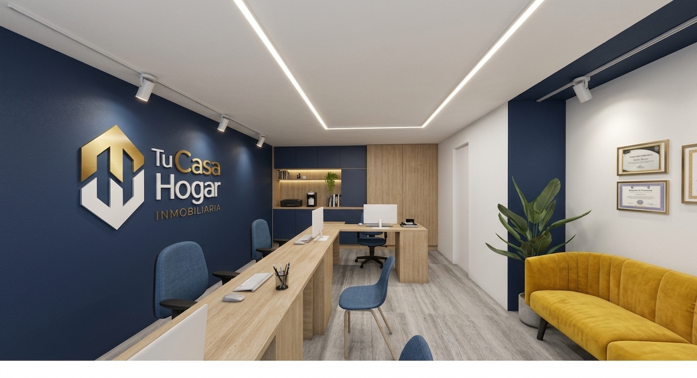 Architectural interior photograph maintaining the exact layout, geometry, and perspective of the office, featuring authentic light gray wood-grain flooring with subtle surface sheen. The recessed rectangular ceiling fixture casts clean, diffuse neutral white light downward, while the side ceiling spotlights emit soft, warm-toned accent lighting across the matte navy feature wall, metallic 3D logo, and framed certificates. Every surface displays realistic material textures, from the light wood laminate desks and smooth office chairs to the tactile fabric of the yellow sofa, all captured with crisp exposure, balanced ambient shadows, and natural photographic depth.