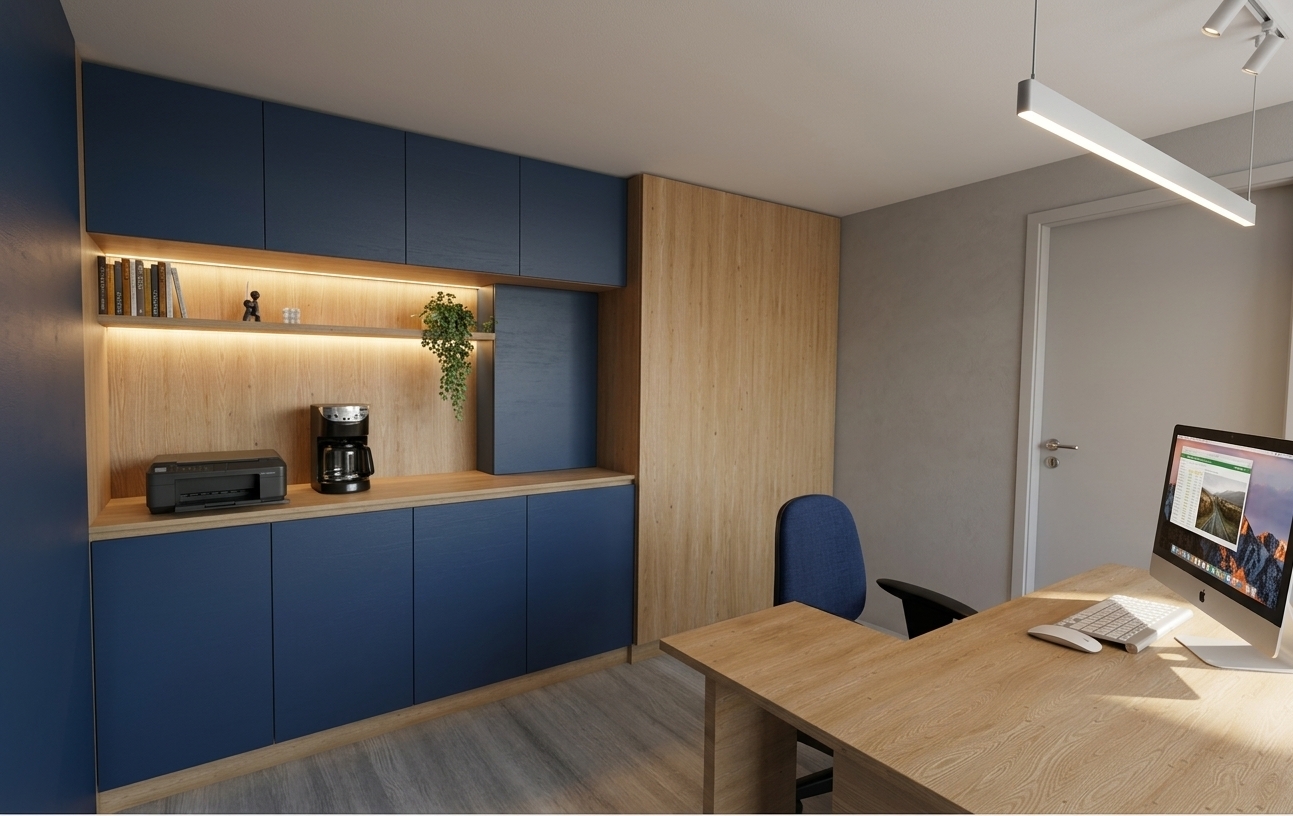 A photorealistic photograph of the office interior captured in crisp, bright midday spring light, supplemented by the warm glow of the under-shelf LED strip. Maintain the exact layout, geometry, and composition of the navy blue matte cabinetry, light oak wood surfaces, and foreground workstation. Render authentic material textures, including subtle tactile grain on the wooden desk, satin finish on the cabinet doors, realistic gloss on the printer and coffee maker, and delicate translucency on the hanging plant foliage. Soft natural shadows, realistic light bounces across the light wood floor, and faint optical falloff provide genuine photographic depth.