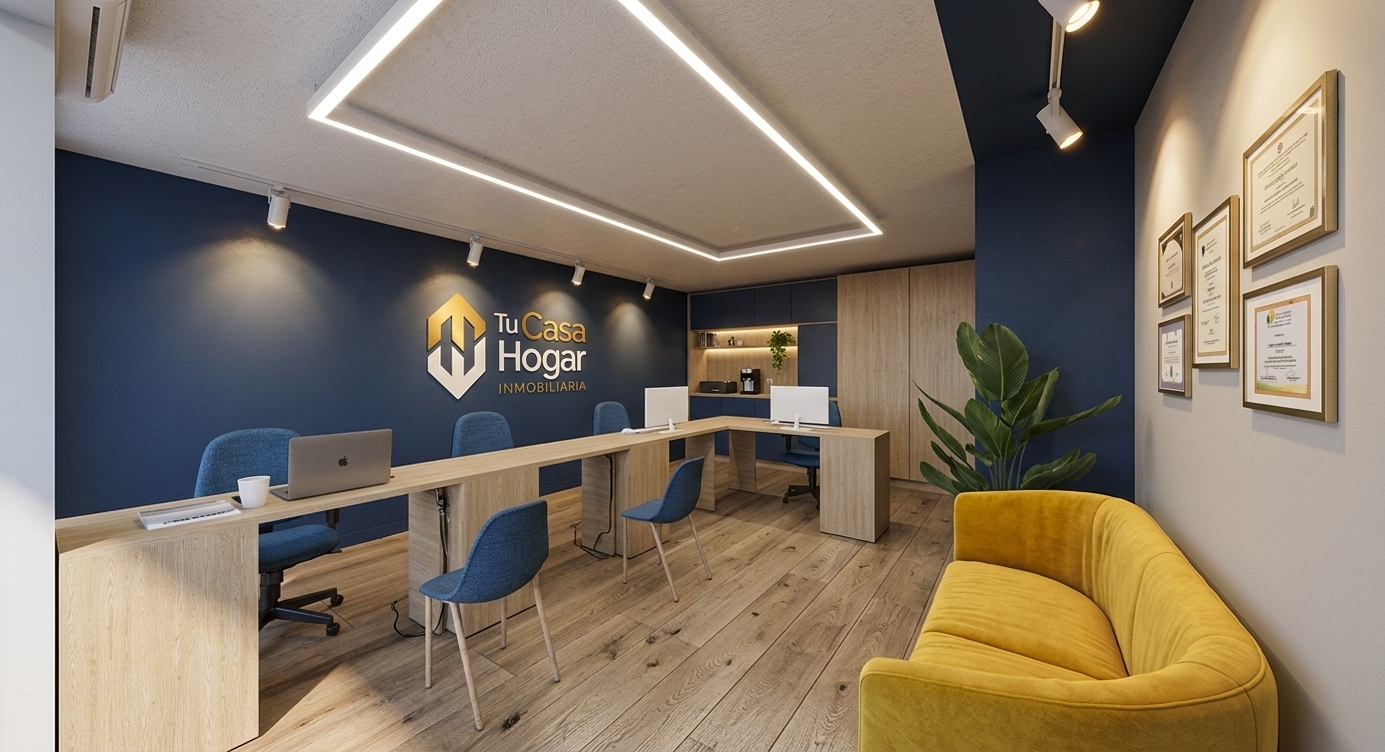 A crisp interior photograph of this modern office space, maintaining the exact geometry, camera angle, and layout while rendering realistic physical textures and layered lighting. The central ceiling rectangular LED profile emits a clean, bright white light, beautifully balanced by the inviting warm-toned glow from the directional track spotlights and under-cabinet accent lights. The flooring features natural light gray wood planks with subtle grain and gentle specular reflections, contrasting with the smooth matte texture of the deep navy feature wall. Realistic wood veneer details cover the desks, while soft fabric weave and natural creasing define the vibrant yellow sofa. Glass surfaces on the monitors and framed certificates display authentic subtle reflections, all captured through a wide-angle architectural lens with sharp focus, natural contact shadows, and balanced exposure.