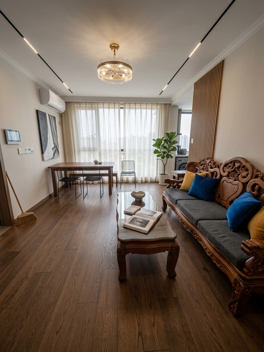 An incredibly lifelike, richly detailed, photorealistic wide-angle interior shot of a reimagined modern fusion living and dining area set in a sleek urban apartment. The scene is illuminated by soft, natural daylight filtering through sheer, floor-to-ceiling off-white linen drapes alongside warm, recessed architectural LED track lighting, creating a sophisticated and welcoming atmosphere. Captured with a 24mm wide-angle lens, emphasizing tactile matte finishes, polished metallic details, and crisp geometric lines. Replacing the traditional heavy furniture, a low-profile modular sectional in charcoal grey anchors the seating area, layered with vibrant cobalt and ochre accent pillows. In front, a dynamic geometric coffee table of smoked glass and blackened steel displays an open hardcover photography book beside a sculptural ceramic bowl. The plain side wall is elevated by a massive, high-contrast monochrome abstract canvas, complemented by vertical fluted oak acoustic paneling that brings organic warmth to the industrial-inspired palette. Toward the bright back window, an open-concept dining zone features a streamlined walnut table surrounded by minimalist matte-black wire-frame chairs, while a thriving potted fiddle-leaf fig introduces lush greenery, perfectly balancing sleek urban minimalism with functional contemporary comfort.
