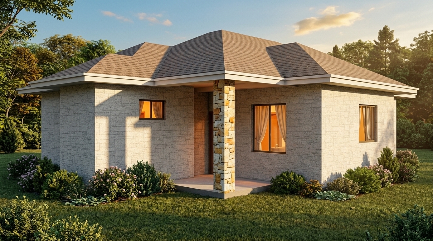 Render this 3D model into a realistic house photograph with modern textured walls. Clad the entrance column in natural Mazeras stone. Add lush bushes and background trees, soft curtains in the windows, warm interior lighting, and late afternoon sunlight around 4 PM.