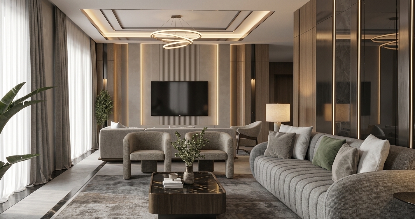 An architectural interior photograph of the modern living room, preserving the exact geometry, perspective, and composition. The walls feature smooth, matte greige finishes paired with realistic medium-toned wood paneling. Clean 4000K neutral-white indirect cove lighting softly washes down from the recessed ceiling and glows from behind the fluted TV backdrop, balanced by diffused daylight filtering through the floor-to-ceiling sheer curtains. Tactile woven fabric textures define the channel-tufted sofa and armchairs, while subtle reflections accent the dark coffee table, all captured with sharp architectural clarity, authentic material physics, and natural ambient shadows.