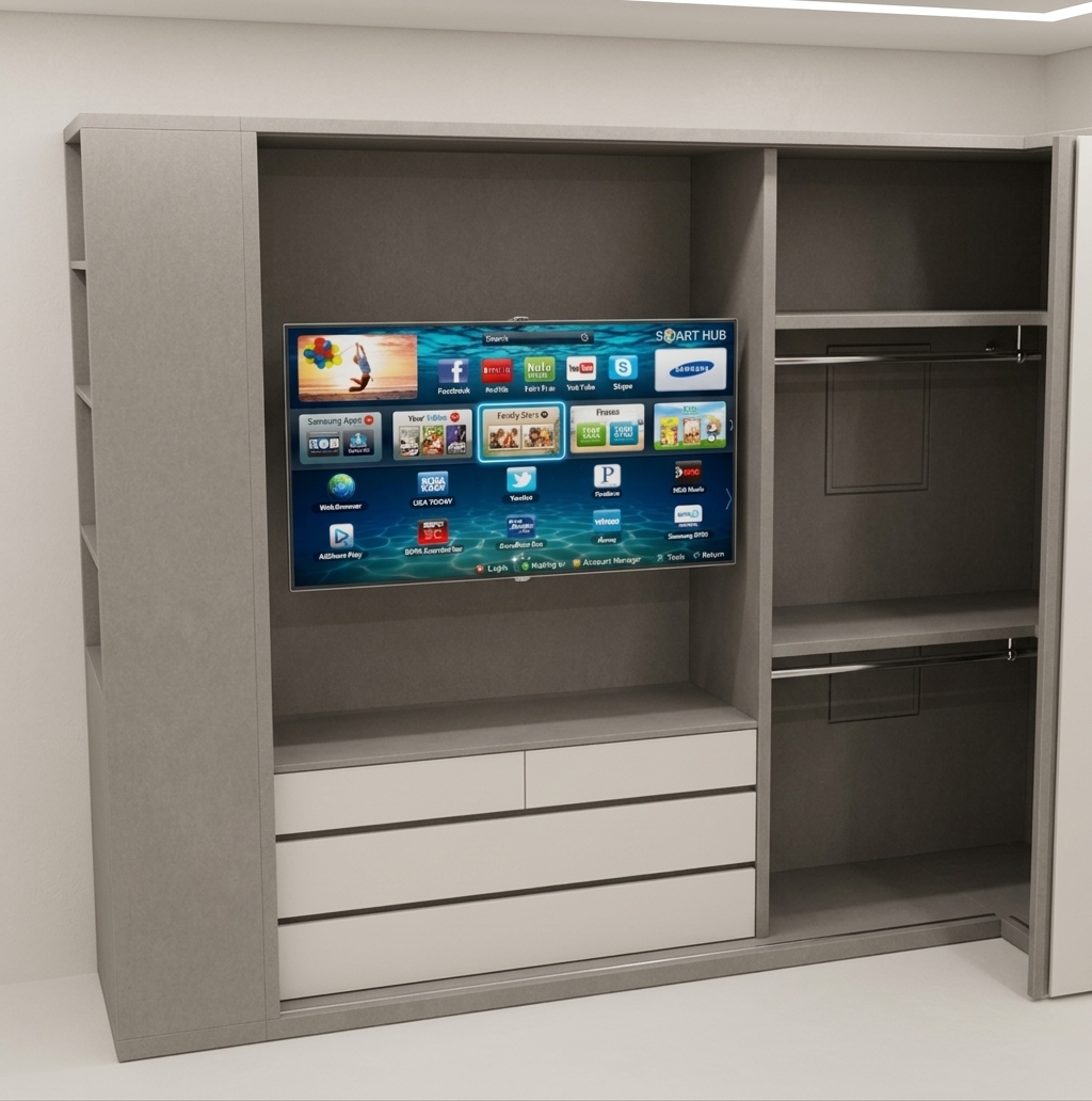 An architectural interior photograph of the built-in wardrobe matching the exact composition and structure, featuring a matte rock-gray carcass paired with smooth almond-white drawer faces and door paneling. A flat-screen television is cleanly wall-mounted inside the left recess above the drawers, balanced by brushed metal hanging rails on the right. Soft, diffused ambient bedroom lighting casts gentle contact shadows across the interior compartments and produces a subtle sheen on the TV screen. Shot on a sharp 35mm lens with realistic laminate micro-textures, natural edge roll-offs, and fine photographic grain.