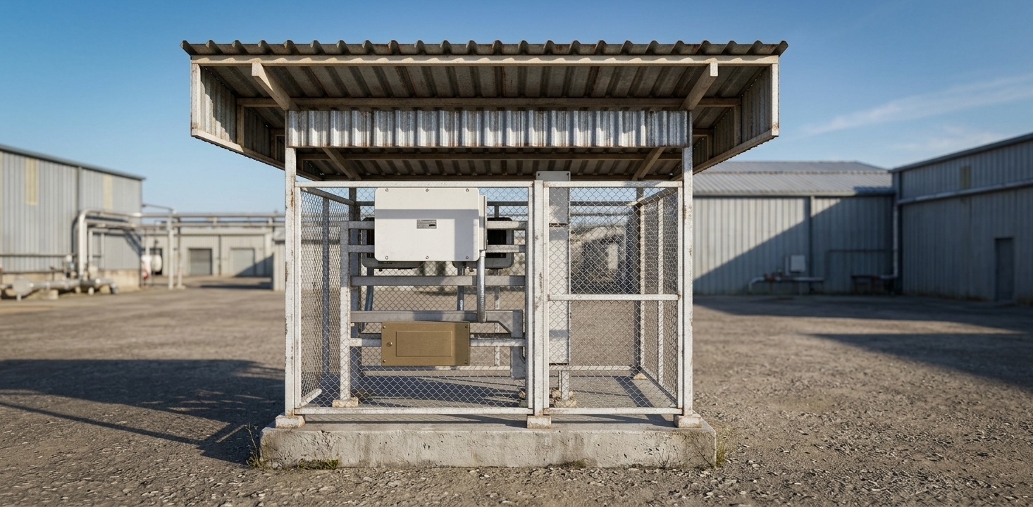 A crisp architectural photograph capturing the outdoor solar inverter enclosure on a factory site under bright, natural daylight, strictly preserving the straight-on composition, framing, and structural geometry. Realistic direct sunlight creates soft, natural shadows beneath the corrugated metal roof, illuminating the textures of the white painted steel framework, galvanized wire mesh cage, and rough-poured concrete plinth. The electrical inverters, conduits, and junction boxes inside exhibit authentic industrial finishes with subtle powder-coat sheen, fine dust, and metallic reflections under a clear, pale sky.