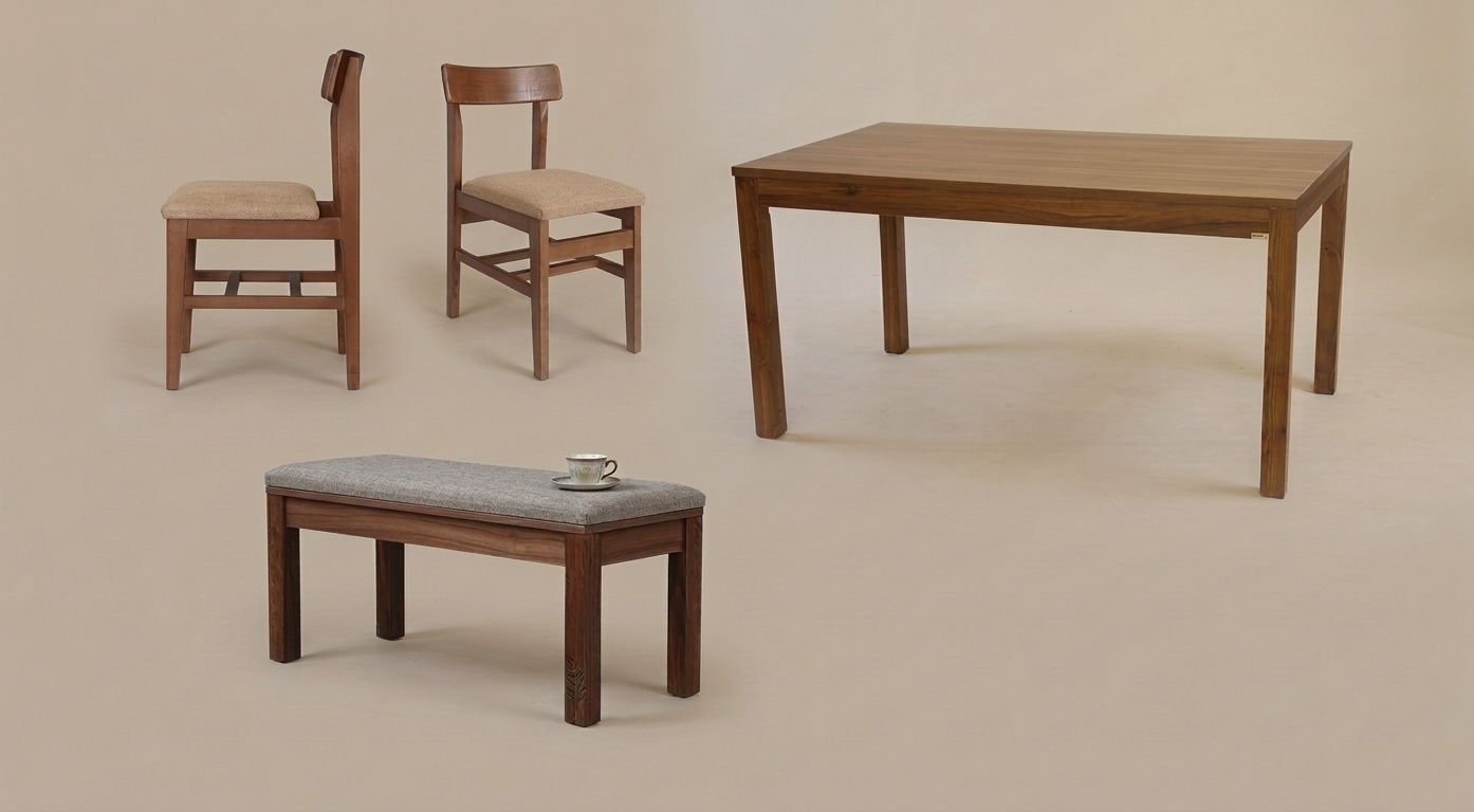 A commercial studio photograph of the wooden dining table, chairs, and cushioned bench arranged exactly as positioned against a seamless warm-beige cyclorama backdrop. Natural, soft-diffused key lighting from the side casts gentle contact shadows across the floor, highlighting the rich organic grain, satin sheen, and micro-textures of the medium-toned walnut wood. The woven fabric cushions and upholstered bench top exhibit realistic textile weave and tactile depth, complete with the ceramic teacup resting on the bench. Captured with a 50mm prime lens at eye level, showing crisp focal sharpness, natural optical falloff, faint surface dust, and authentic material physics throughout the composition.