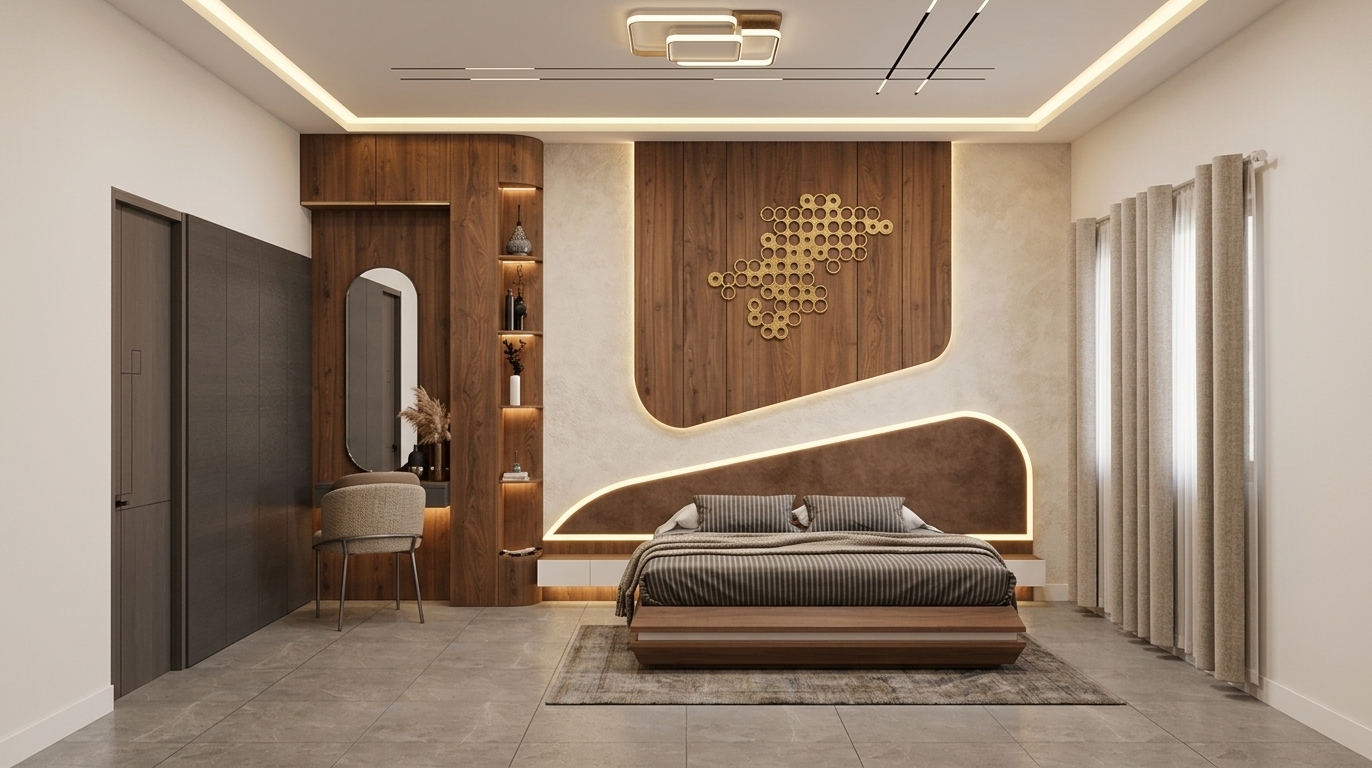 A straight-on, eye-level architectural photograph capturing the modern bedroom exactly as framed, shot with a sharp 24mm tilt-shift lens. Soft, warm ambient illumination fills the room, complemented by glowing hidden LED strip lighting that traces the curved layered headboard, the golden honeycomb wall art, and the floating vanity accents. The surfaces display realistic physical textures, including rich natural walnut wood grain with a subtle satin sheen, plush woven fabric on the striped bedding, tactile linen drapes, and matte floor tiles reflecting soft ambient highlights beneath the low-pile area rug. Balanced exposure and gentle contact shadows render the exact scene with clean, photographic authenticity.