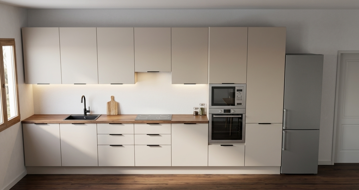 Photorealistic interior photograph maintaining the exact camera perspective, layout, and cabinet geometry of the scene. The cabinetry and kickboard feature seamless matte greige-beige flat-panel surfaces, complemented by a matte warm brown timber countertop. Centered on the counter sits a four-burner black gas cooktop, paired with a matching square black undermount sink and a sleek black high-arc faucet on the left, accented by minimal kitchen decor. Soft warm 3000K LED illumination glows underneath the upper cabinets and within the range hood recess, casting gentle light across the backsplash. Natural daylight enters softly from the left window, blending seamlessly with the ambient lighting and creating realistic reflections on the built-in oven, microwave, and refrigerator, all resting over the rich dark wood floor with natural depth and subtle photographic grain.