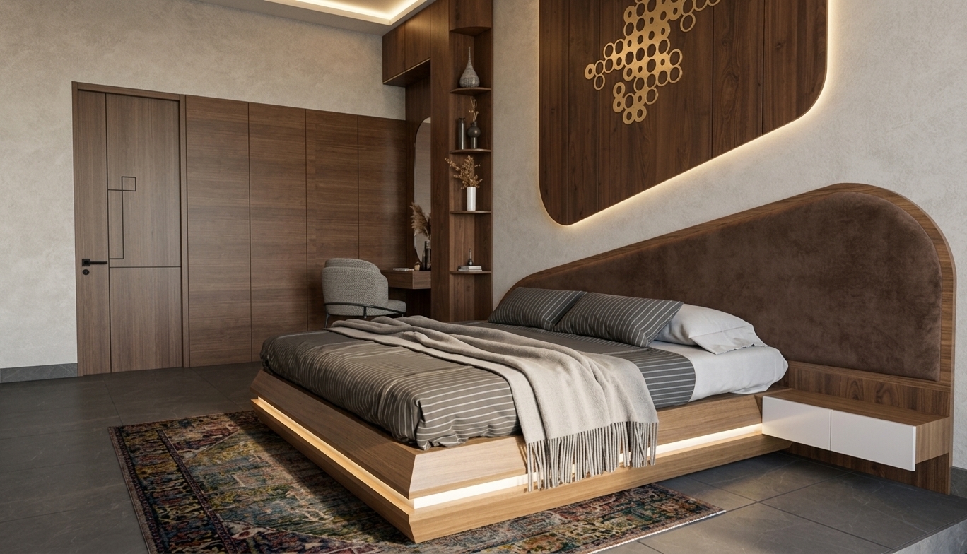 A photorealistic architectural photograph of the modern bedroom scene captured with a 28mm interior lens, maintaining the exact layout, geometry, and perspective. Soft, warm daylight and subtle integrated cove illumination create gentle contact shadows and natural depth across the room. Surfaces reveal lifelike physical micro-textures, including rich walnut wood grain with a satin finish, soft brushed suede on the curved headboard, realistic folds on the striped cotton bedding and throw blanket, and a soft matte sheen across the large floor tiles and plaster walls, rendered with clean architectural exposure and balanced dynamic range.