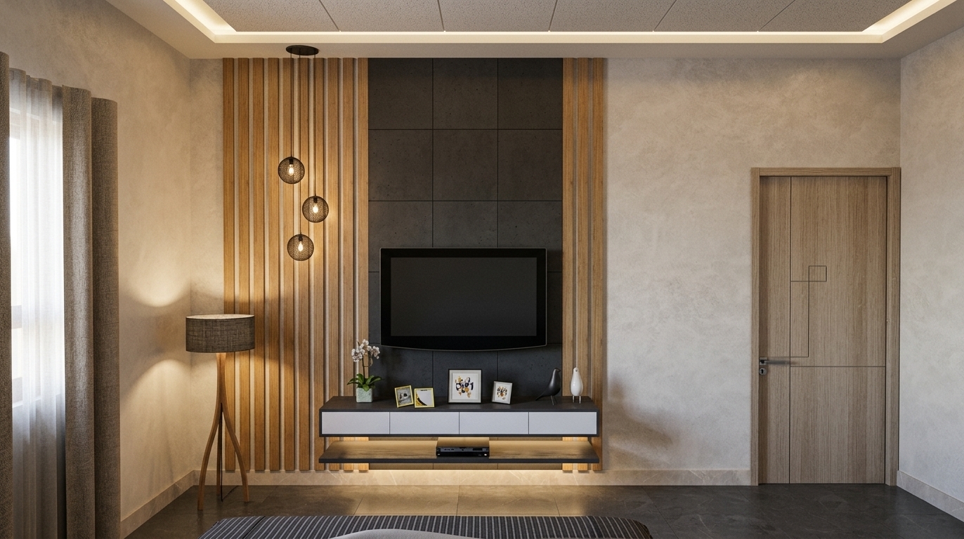 Eye-level architectural photograph capturing the modern living room accent wall, illuminated by warm hidden cove lighting and soft natural daylight diffused through the sheer left curtain. The vertical wood slats showcase authentic natural oak grain, flanking matte charcoal paneling behind the sleek black television screen. A low floating console displays delicate framed photos and decor with realistic micro-reflections, while the textured off-white wall meets a pale wood door with subtle tactile grain. Shot on a 35mm lens with balanced ambient shadows, accurate material textures on the floor tiles, and fine, natural photographic grain.