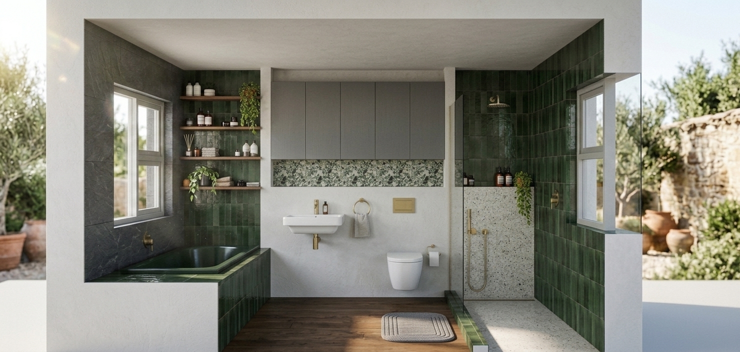 A sharp architectural photograph of the exact bathroom scene, strictly preserving all materials: glossy deep-green vertically stacked tiles with hand-glazed undulations, light speckled terrazzo in the shower and niche, dark textured slate wall panels, and warm plank wood flooring. Natural morning sunlight pours through the side openings, casting realistic soft-edged light patterns across the floor and highlighting micro-reflections across the tile glaze and brass fixtures. Authentic photographic imperfections include subtle grout variations, faint water spots on the glass partition, gentle specular falloff, delicate lens vignetting, and fine optical grain captured with a straight-on wide-angle lens.