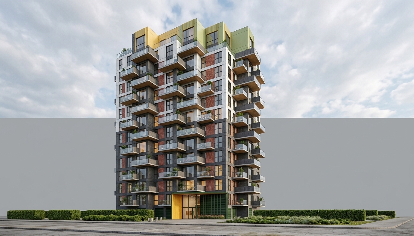 A sharp, photorealistic architectural photograph preserving the exact perspective, geometry, and composition of the modern multi-story apartment building under bright daytime sunlight. The facade features realistically textured multi-toned concrete panels, subtle red brick detailing, crisp white metal cladding, and warm vertical wooden lamellas on balcony soffits and accents. Balconies have transparent glazed railings with delicate environmental reflections, decorated with occasional potted greenery, colorful flowers, and subtle figures of residents. Warm ambient light glows softly from several interior windows, contrasting against the daylight. The ground-level green blocks are realized as manicured landscaping with pine shrubs and ornamental grasses around the entrance. Captured with an architectural tilt-shift lens at f/8, the image displays natural material micro-textures, crisp edge definition, balanced natural exposure, and clean photographic clarity.