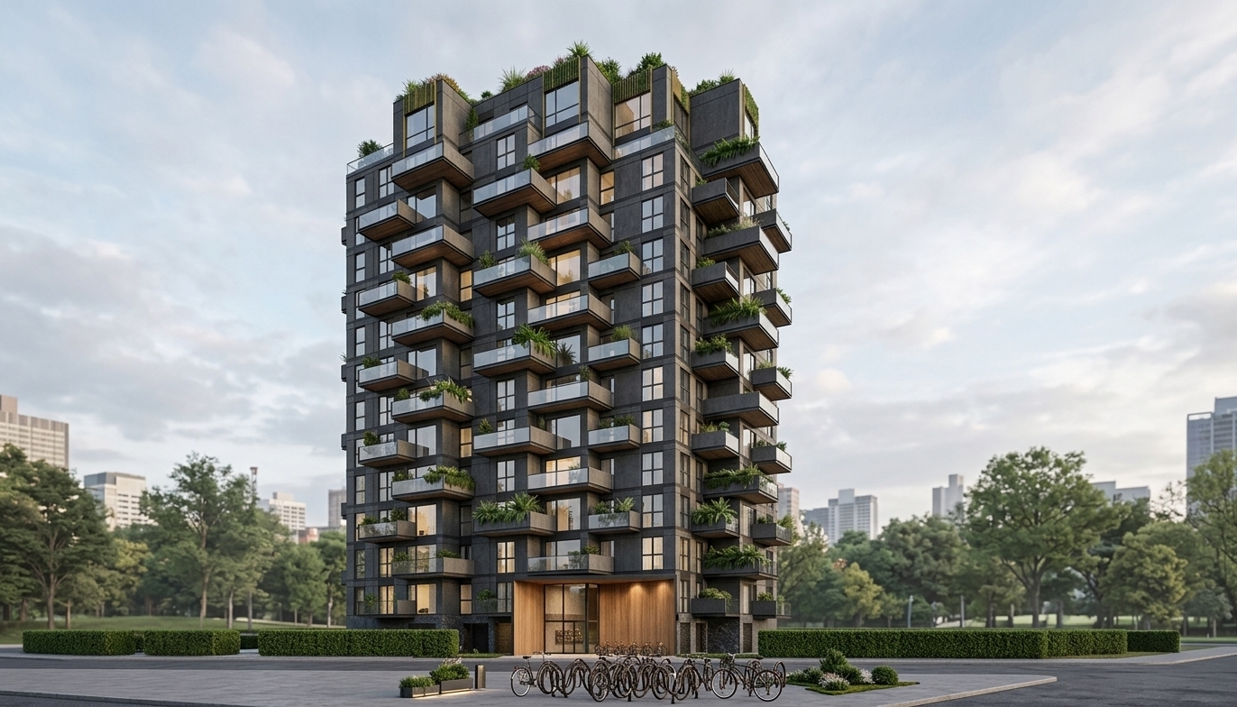 An architectural photograph of the multi-story modern residential building, preserving the exact geometry, perspective, and framing. The facade features realistic multi-toned concrete panels, dark metal window mullions, warm natural wood slats beneath the cantilevered balconies, and clear glass balustrades with subtle sky reflections. Captured in clean daylight under a soft sky, the scene is enriched by warm interior light glowing from select apartment windows. Several balconies feature delicate potted flowers and occasional residents, adding scale and life. The base is grounded with realistic low-maintenance landscaping, including ornamental grasses and pine shrubs, rendered with crisp tilt-shift lens clarity, balanced exposure, and natural surface textures.