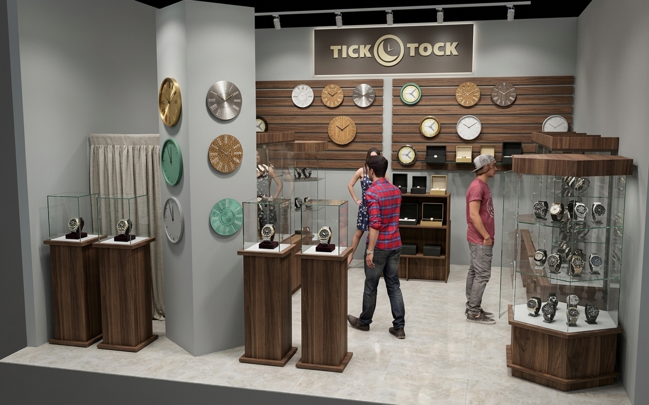 A crisp architectural photograph of the watch boutique, preserving the exact layout, geometry, and color scheme of the scene. The glass display cases feature bright vertical strip lighting illuminating rows of varied luxury wristwatches arranged inside. The wooden pedestals show realistic walnut grain textures, the glass showcases exhibit authentic reflections and transparency, and the wall clocks feature refined metallic and matte finishes. Realistic ambient retail lighting casts soft, natural contact shadows on the polished tile floor, captured with a professional wide-angle lens, sharp focus throughout, natural color balance, and clean, high-end commercial atmosphere.
