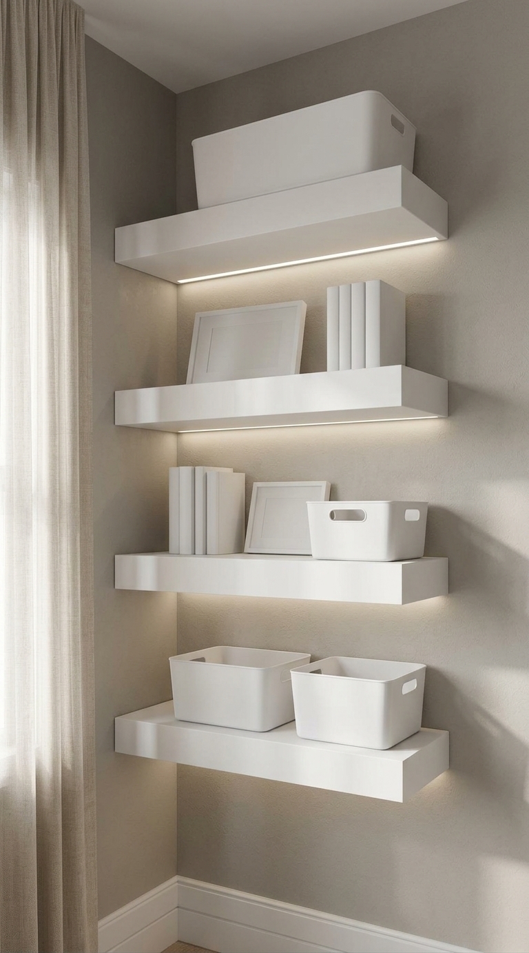 An incredibly lifelike, richly detailed, photorealistic medium shot of a refined living room storage alcove set in a contemporary minimalist haven. The scene is illuminated by warm, concealed under-shelf LED strip lighting paired with soft daylight from an adjacent sheer-draped window, creating a tranquil, ultra-organized, and ambient atmosphere. Captured with a 50mm prime lens, emphasizing smooth matte textures, crisp linear shadows, and pristine surfaces, the reimagined display replaces the eclectic decor with large, high-grade white matte plastic storage bins neatly aligned on the floating thick shelves. Featuring seamless cut-out handles and clean geometric forms, these minimalist containers effortlessly conceal clutter, beautifully contrasting with the soft greige wall finish while maintaining an immaculate, calming, and functional aesthetic.