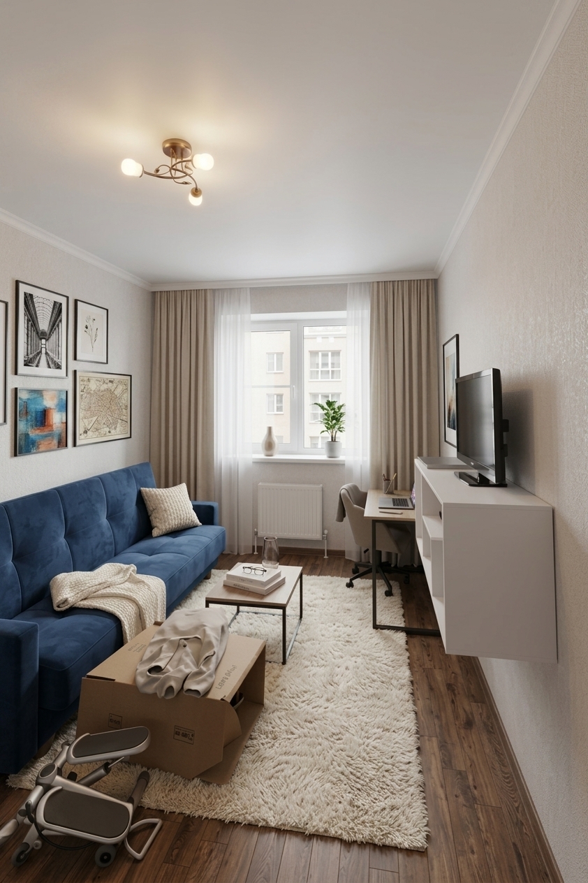 A crisp interior photograph retaining the exact room layout, perspective, and composition, featuring tastefully framed artwork mounted on the wall above the royal blue velvet sofa while keeping the textured wallpaper and wood laminate flooring unchanged. Soft daylight diffuses naturally through the window sheer curtains to blend with the warm glow of the overhead light fixture, casting gentle shadows across the shaggy rug and furniture. Render authentic material textures, crisp frame details, subtle reflections, balanced exposure, and faint optical grain captured with a wide-angle lens.