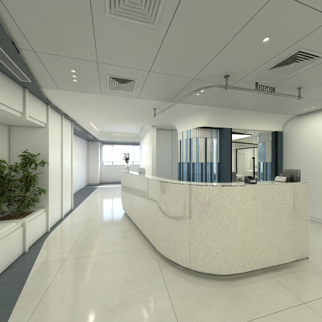 A wide-angle architectural photograph captures the dental clinic reception area, preserving the exact layout, geometry, and perspective under crisp, natural daylight. Visible through the distant window is a softly overexposed cityscape under clear skies, casting cool daylight that gently blends with warm recessed ceiling lighting. The curved terrazzo counter displays subtle speckle depth and faint surface reflections, while the large-format floor tiles reveal realistic grout lines, soft specular sheen, and micro-texture. The fluted glass accents, indoor foliage, and painted drywall feature natural tactile finishes, complemented by gentle contact shadows, subtle lens vignetting, and fine photographic grain for authentic realism.