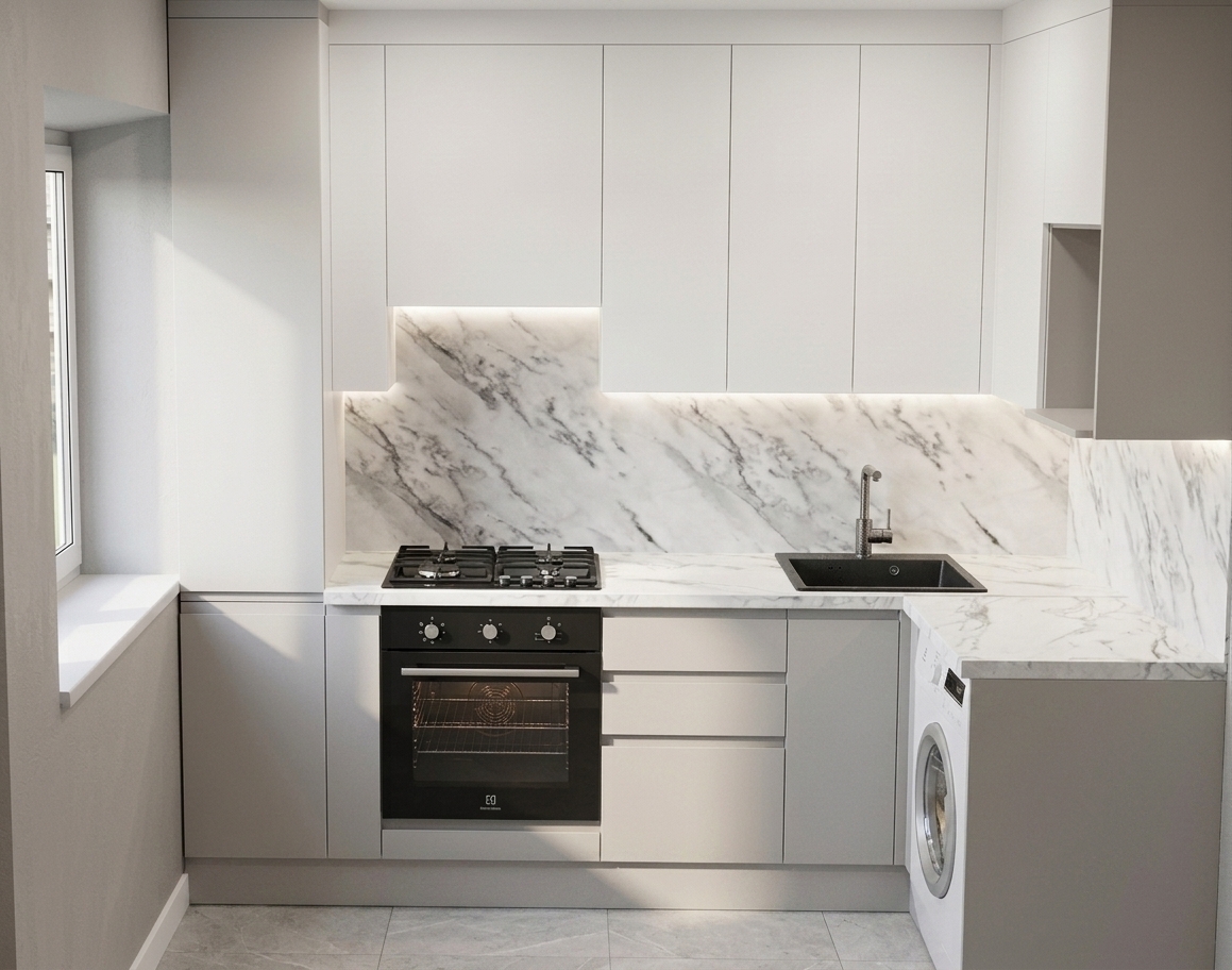 A crisp architectural photograph preserving the exact composition and geometry, featuring the exposed side of the washing machine clad in an integrated side panel matching the matte light-gray finish of the lower cabinetry. Soft, natural daylight streams in from the left window, blending with the warm under-cabinet LED lighting that washes down the polished marble backsplash and countertop. Textures appear authentic with subtle surface sheen on the stone, realistic matte finishes on the cabinet doors, realistic reflections on the black glass oven, and delicate micro-textures across the tiled floor, captured cleanly with natural exposure and subtle photographic grain.