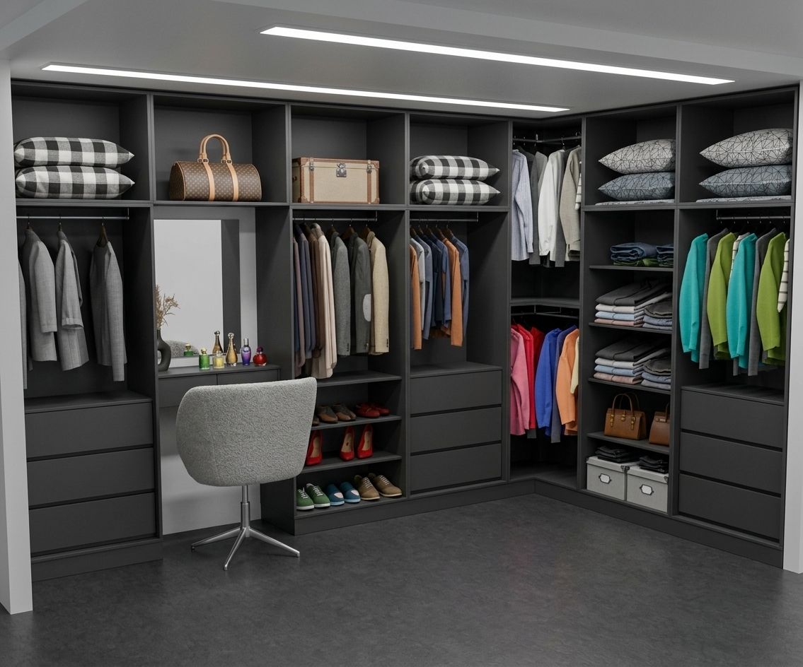 A photorealistic interior photograph capturing this modern walk-in closet with exact geometry and layout preserved, illuminated by soft, recessed linear warm LED strip lighting under shelves and across the ceiling diffusers. The dark charcoal cabinetry features a refined matte laminate texture with realistic micro-reflections and soft edge highlights. Garments, pillows, and accessories display authentic textile weaves, delicate fabric folds, and fine leather sheens, while the vanity mirror reflects the warm glow and room ambiance cleanly. Shot on a wide-angle lens with balanced dynamic range, gentle contact shadows, natural depth of field, and a subtle film grain for an authentic, sophisticated finish.