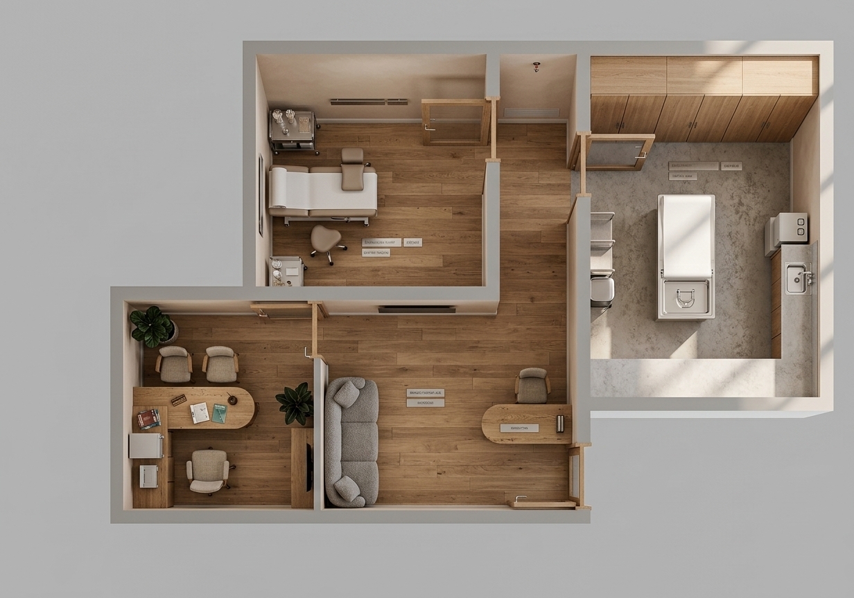 Top-down architectural photograph of the complete interior layout as an open-ceiling cutaway model, faithfully retaining the exact floor plan geometry, room placement, and structural boundaries. The scene is illuminated by warm 3000K recessed cove lighting and diffuse ambient light casting soft, realistic interior shadows. Flooring transitions between smooth beige microcement and natural light oak planks, bordered by warm off-white plaster walls. The Panchkarma suite features a polished solid teak Ayurvedic treatment table with brass Shirodhara hardware, neatly rolled linen towels, and textured stone counters. The doctor’s office and reception area display warm wood desks, contemporary neutral upholstery, jute accents, and potted indoor greenery adding vibrant botanical touches. Captured with an orthographic tilt-shift architectural lens, showing tactile micro-textures of linen fabrics, natural timber grains, and subtle surface imperfections under balanced, serene interior illumination.