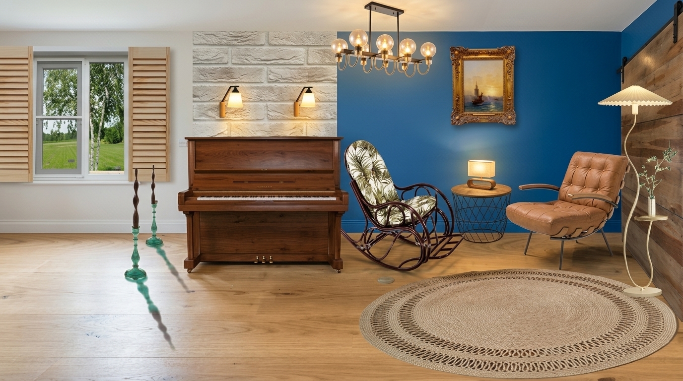 Transform this interior collage into a photorealistic photograph of a fully realized living room, preserving the exact layout, furniture, and color palette. 

The room features natural light wood plank floors, a white brick accent wall behind a dark polished wood upright piano, and a vibrant deep blue accent wall to the right. On the far left, render a realistic window with light wood louvered shutters revealing outdoor greenery, flanked by two tall turquoise candlesticks on the floor. 

On the blue wall, include the ornate gold-framed seascape painting. In front, place the dark bentwood rocking chair with palm-leaf patterned cushions, the wire-basket round side table with a table lamp, and the tufted tan leather lounge chair. A circular woven jute rug sits on the floor. To the far right, include the rustic sliding wood barn door and the sculptural floor lamp. Overhead hangs the modern brass and black chandelier with glowing glass globes. 

Render with realistic interior lighting, blending bright daylight from the window with warm illumination from the sconces and lamps. Add natural perspective, physically accurate textures, soft ambient shadows, and realistic material finishes (leather, wood grain, brick, and woven fibers). Shot at eye level with professional architectural photography quality.