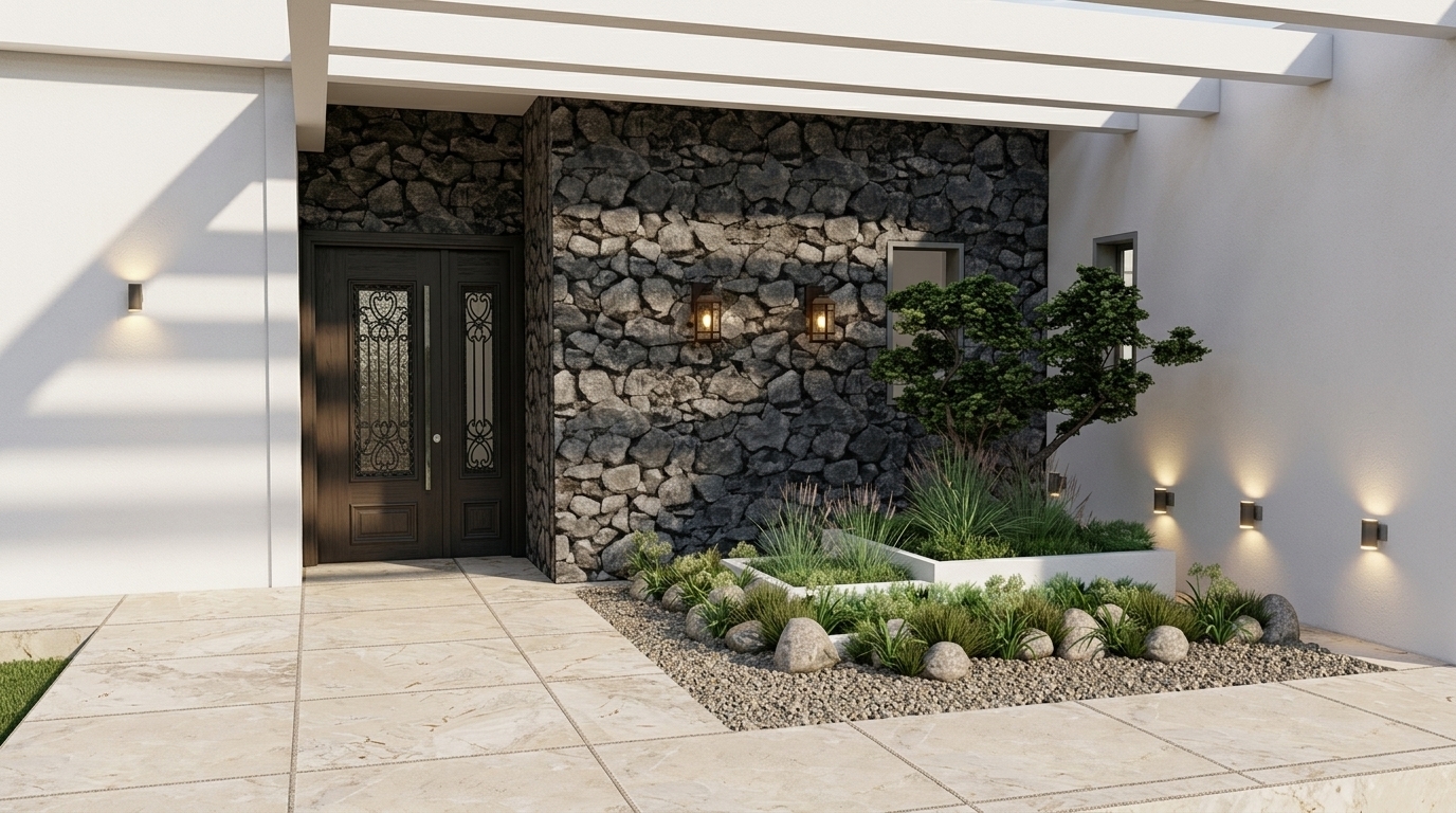 Render this architectural model into a photorealistic photograph while maintaining the exact structure and layout. Keep the dark stone-clad accent wall, double front entry doors, overhead pergola beams, and the landscaped planter with the bonsai-style tree and ornamental grasses. Replace the patio and walkway floor tiles with realistic, textured modern outdoor paving tiles, adding natural daylight and soft architectural shadows.