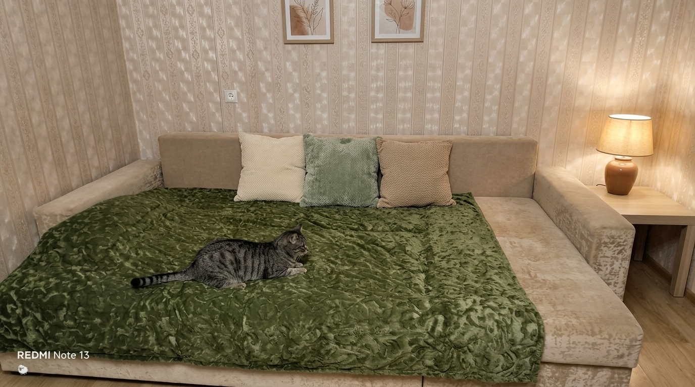 Replace the three dark purple back cushions with stylish throw pillows in colors harmonizing with the olive-green blanket and beige sofa, such as cream, sage, and warm beige. Remove the clutter from the sofa armrests. Enhance the surrounding area to make the room cozier by adding subtle decorative elements like a warm bedside lamp or framed wall art, while keeping the cat on the green blanket undisturbed.