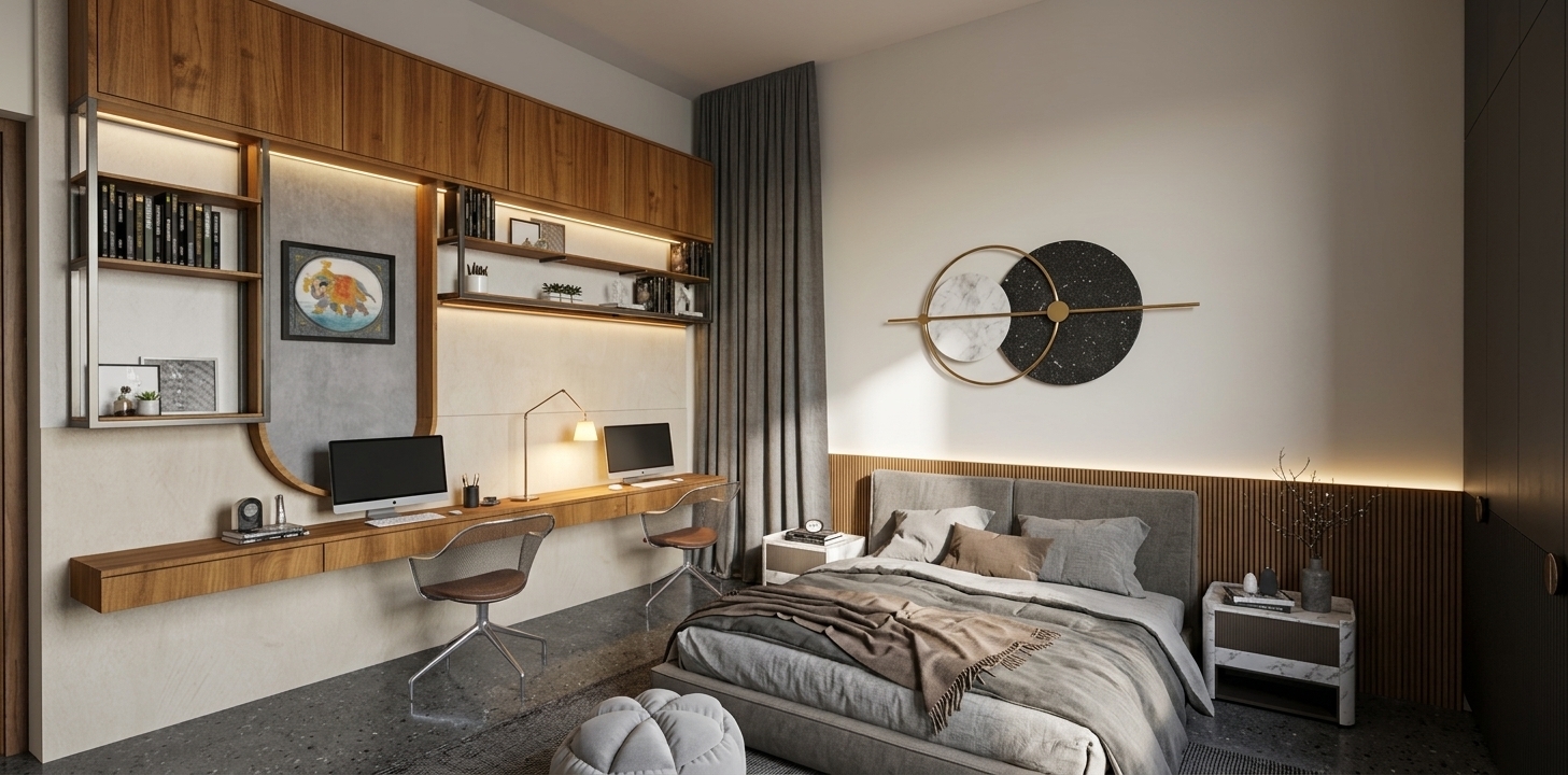 A professional architectural photograph capturing the exact bedroom interior illuminated by cozy, warm artificial lighting around 2700K. Soft directional light and delicate ambient glow accent the rich, natural grain of the upper wood cabinetry, fluted headboard wall, and long study desk, while casting gentle, diffuse shadows across the room. The upholstered bed displays authentic linen weaves and realistic fabric folds, resting on a matte polished concrete floor with subtle specular sheen. Every surface—from the metallic shelving frames and glass accents to the geometric wall sculpture and smooth walls—is rendered with lifelike micro-textures, captured through a wide-angle architectural lens with balanced exposure, sharp focus, and natural depth.