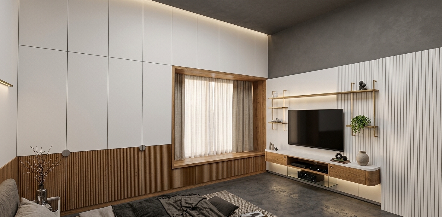 A professional architectural photograph of the modern interior, retaining the exact geometry, perspective, and composition of the space. The room is bathed in warm artificial lighting, featuring soft 2700K accent illumination along the cabinetry and media unit paired with faint evening light diffusing through the window curtains. Every surface exhibits realistic physical textures, from the matte finish of the upper white wardrobes and the natural grain of the fluted oak lower panels to the tactile linen drapery and the subtle sheen of the dark concrete flooring. Natural light falloff, soft ambient shadows, and gentle contrast create an authentic, lived-in atmosphere.
