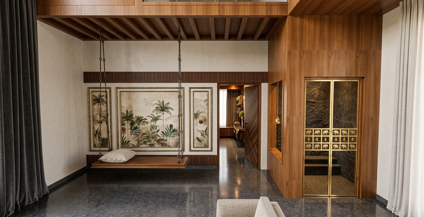 An architectural photograph of this modern interior, maintaining the exact layout and perspective while rendering realistic textures under warm artificial lighting. The timber ceiling and wood-paneled partition display authentic grain and a soft satin sheen, complemented by warm interior illumination glowing through the intricate brass-screened pooja doors and bell niche. The suspended swing features realistic metallic chains and textured fabric cushions above smooth grey stone flooring with soft, diffuse reflections. Balanced warm ambient light gently defines the fluted wall trims, framed botanical artwork, and flowing side curtains, captured with a sharp wide-angle lens and natural contrast.