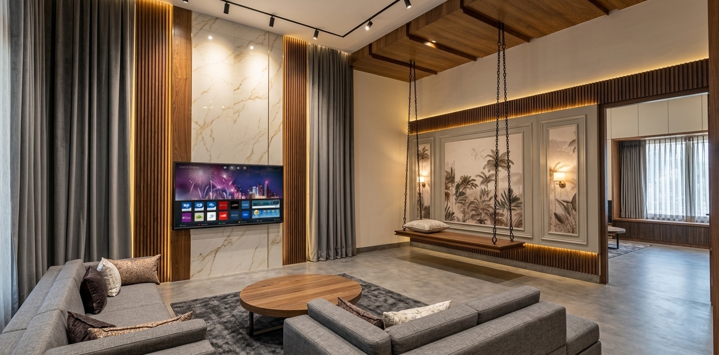 A crisp architectural photograph capturing the double-height living room under warm, layered 3000K artificial lighting with soft ambient falloff, preserving the exact layout, geometry, and camera perspective. Realistic surface textures define the chevron walnut feature wall, vertical timber slats, and the softly glowing wall-mounted television screen. Heavy floor-to-ceiling drapery hangs with natural folds, while the contemporary sofas feature tactile woven upholstery and realistic fabric creases. The indoor suspended timber swing is accented by authentic metallic chains set against framed tropical wall moldings. Captured on a wide-angle architectural lens with rich micro-textures, balanced indoor exposure, subtle shadows, and refined photographic realism throughout.