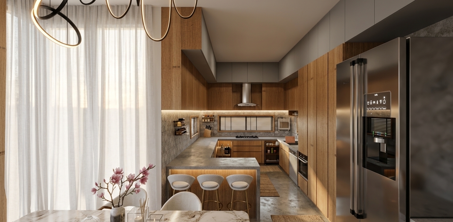 A professional architectural photograph of the kitchen and dining area, illuminated by warm, cozy artificial lights at 3000K that cast soft glows and realistic under-cabinet accents. The natural oak cabinetry reveals authentic wood grain and satin finish, while the matte grey countertops display subtle diffuse highlights. The floor-to-ceiling white drapes show realistic fabric weight and texture, complemented by soft reflections on the brushed stainless steel refrigerator and patterned backsplash tiles. Captured on a sharp wide-angle lens with balanced indoor exposure, gentle shadow falloff, and realistic surface micro-textures that ground the entire space in rich photorealism.