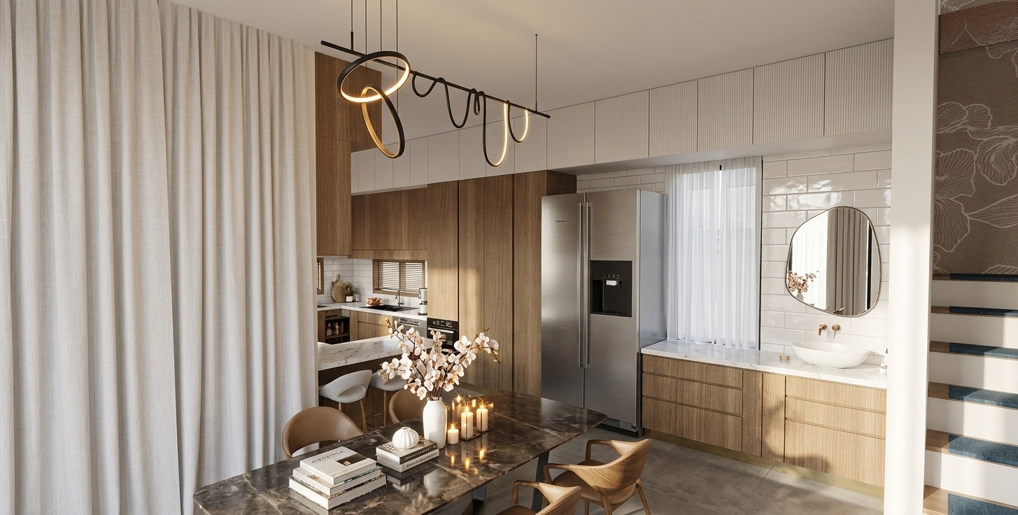 A photorealistic interior photograph capturing the exact scene with warm, layered artificial lighting. Soft 2700K ambient light emanates from the sculptural black ceiling pendant, casting gentle glows and subtle shadows across the natural wood grain cabinetry and the matte dark stone dining table. Reflections shimmer softly on the brushed stainless steel refrigerator and the organic polished mirror above the vanity counter. The heavy linen curtain displays soft textural folds and light diffusion, while the tiled kitchen and bathroom backsplashes show realistic ceramic gloss and subtle grout imperfections. Captured with a professional wide-angle lens, maintaining crisp architectural depth, balanced contrast, and delicate surface textures throughout the composition.