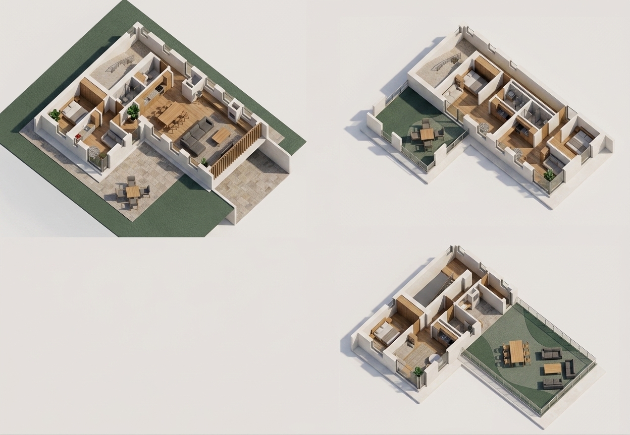 A crisp architectural photograph of the cutaway isometric model layout shown in the reference image, strictly preserving all structural geometry, multi-level arrangements, and furniture placement. Render all interior walls in a smooth, matte white plaster and lay down realistic light oak wood flooring with delicate organic grain and soft satin sheen throughout the indoor living spaces. Daylight floods each level from the side, casting gentle ambient occlusion, soft directional shadows, and subtle contact shadows under the furniture and along the cutaway wall sections. Shot with an architectural tilt-shift lens maintaining crisp isometric clarity, neutral color temperature, faint micro-textures on fabrics and paved terraces, and a touch of organic film grain.