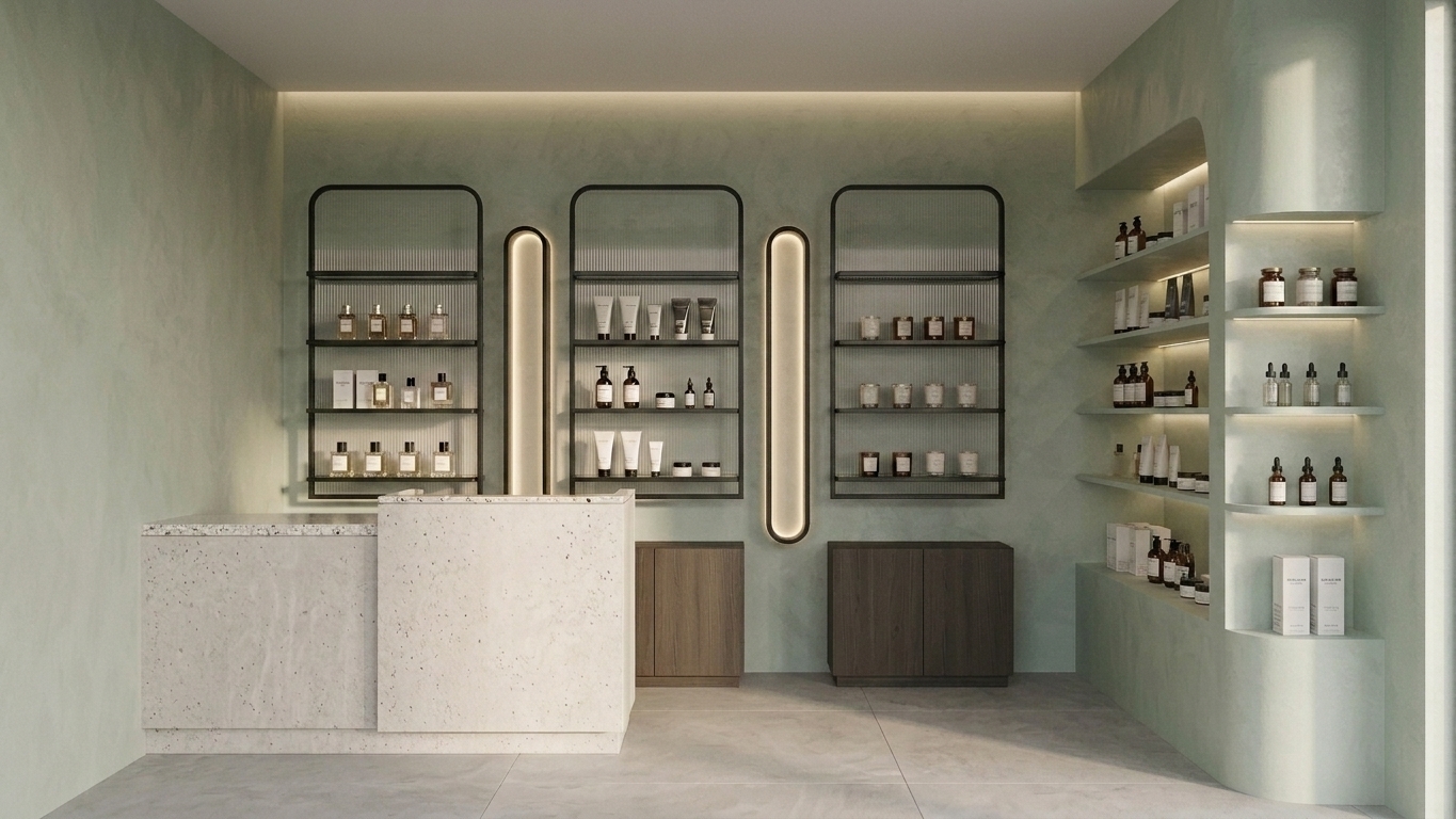 A clean architectural interior photograph of the minimalist boutique, maintaining the exact layout, geometry, and composition while updating all brass metal frames on the wall-mounted shelving units to refined matte black metal with subtle micro-textures and soft edge highlights. The textured sage-green plaster walls, speckled terrazzo desk, reeded glass backings, and dark wood cabinetry retain their original forms under warm, diffused ambient cove lighting and natural daylight. Captured with a sharp 35mm lens, the image features lifelike glass refractions on the cosmetic bottles, soft realistic drop shadows, gentle surface imperfections, and subtle photographic grain.