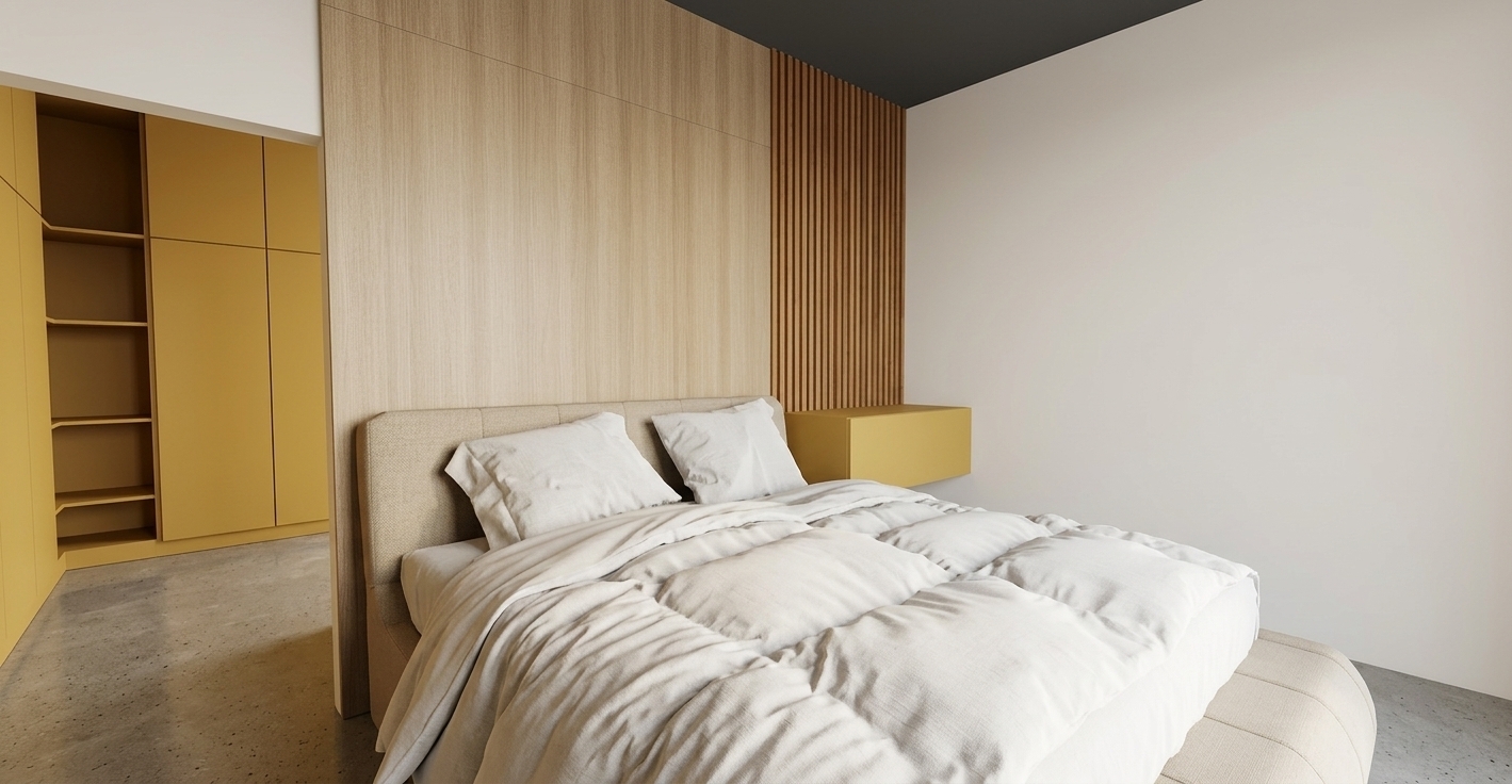 A professional architectural photograph of the bedroom interior, precisely preserving the geometry, exact positioning, and composition of the scene, captured with a 24mm tilt-shift architectural lens at eye level with straight verticals and deep depth of field. The scene is illuminated by soft, natural ambient daylight gently balanced with warm indirect architectural lighting, producing realistic ambient occlusion in recesses and soft, diffuse contact shadows. The central vertical headboard panel exhibits the authentic light, linear wood grain of TACO HPL 121 AA with a delicate satin sheen, positioned directly beside the fluted vertical slats of WPC 215 AA in a warm, textured timber tone that casts subtle linear cast shadows within each groove. The built-in wardrobe cabinetry on the left and the minimalist floating bedside table on the right feature the smooth, low-reflection matte finish of TACO HPL 030 G in its distinctive warm mustard tone, complete with crisp edge detailing and realistic panel seam gaps. The bed is dressed in ultra-soft, natural-wrinkled white cotton bedding, featuring a plush down duvet with realistic fabric folds, physical drape, and soft micro-creases across the pillows and duvet surface, resting against a beige upholstered headboard with fine fabric grain. The plain white side wall, matte dark charcoal ceiling, and smooth neutral grey floor exhibit subtle physical textures, microscopic surface imperfections, and authentic light falloff, removing all line art to create an impeccable, high-end photographic interior shot.