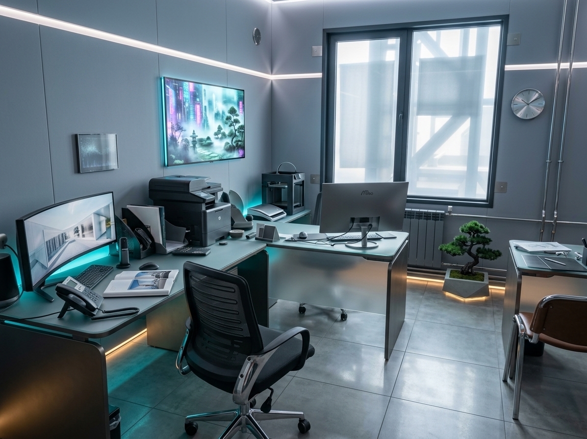An incredibly lifelike, richly detailed, photorealistic wide-angle shot of a serene Digital Zen study room set in an ultra-modern workspace sanctuary. The scene is illuminated by soft, recessed linear cove lighting and subtle neon cyan and amber underglow accents, balanced with diffused daylight filtering through a sleek panoramic smart-glass window, creating an effortlessly tranquil and forward-looking atmosphere. Captured with a full-frame camera and a 24mm f/2.8 architectural lens, emphasizing the matte textures of seamless cool-gray acoustic wall panels, polished chrome conduits, and the pristine gloss of floating tempered glass. 

The previously cluttered office is transformed into a streamlined, high-tech haven featuring an ultra-minimalist workstation crafted from frosted glass and brushed dark titanium, entirely clutter-free except for an ultra-thin ultrawide curved monitor and an open hardcover architectural photography book. On the expansive wall, a frameless dynamic digital canvas glows with an ethereal, shifting digital landscape art installation that melds neon-tinted cyberpunk cityscapes with mist-shrouded Zen gardens. Beside the desk, a sculpted black-pine bonsai set in an illuminated geometric planter introduces organic vitality, complemented by sleek, ergonomic mesh seating and hidden cable management, achieving a harmonious balance between futuristic innovation and meditative simplicity.